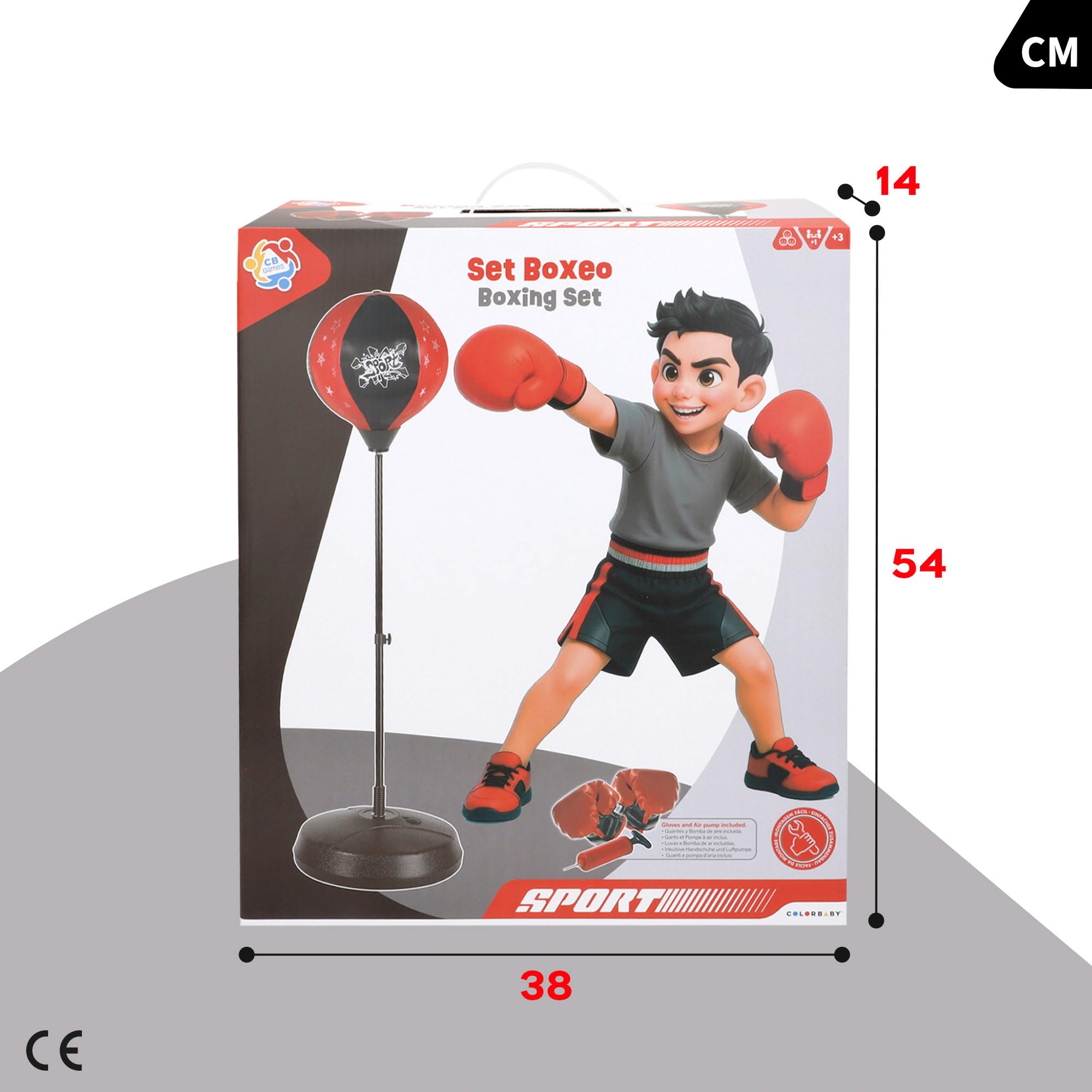 Colorbaby Set sacco boxe in piedi, palla Ø22 cm, manico regolabile 95-125 cm, base circolare stabile Ø38 cm, guanti imbottiti, gonfiatore, allenamento bambini, a partire da 3 anni (47855)