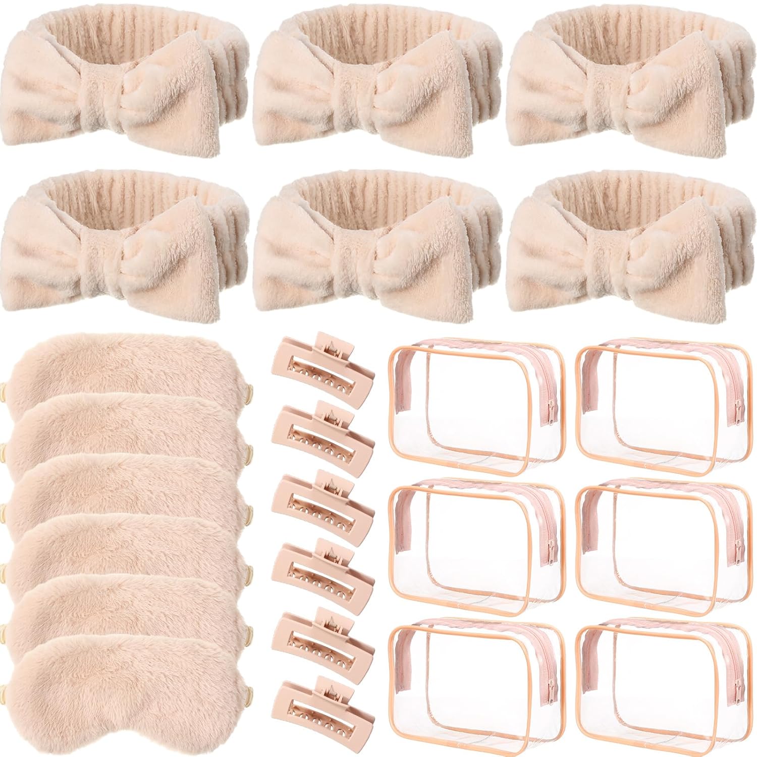 Hoteam 24 Pcs Spa Party Favors Supplies 6 Spa Headband 6 Plush Sleep Eye Mask 6 Hair Claw Clips 6 Clear Cosmetic Bags for Adult Sleepover Slumber Party Graduation Gift(Beige)