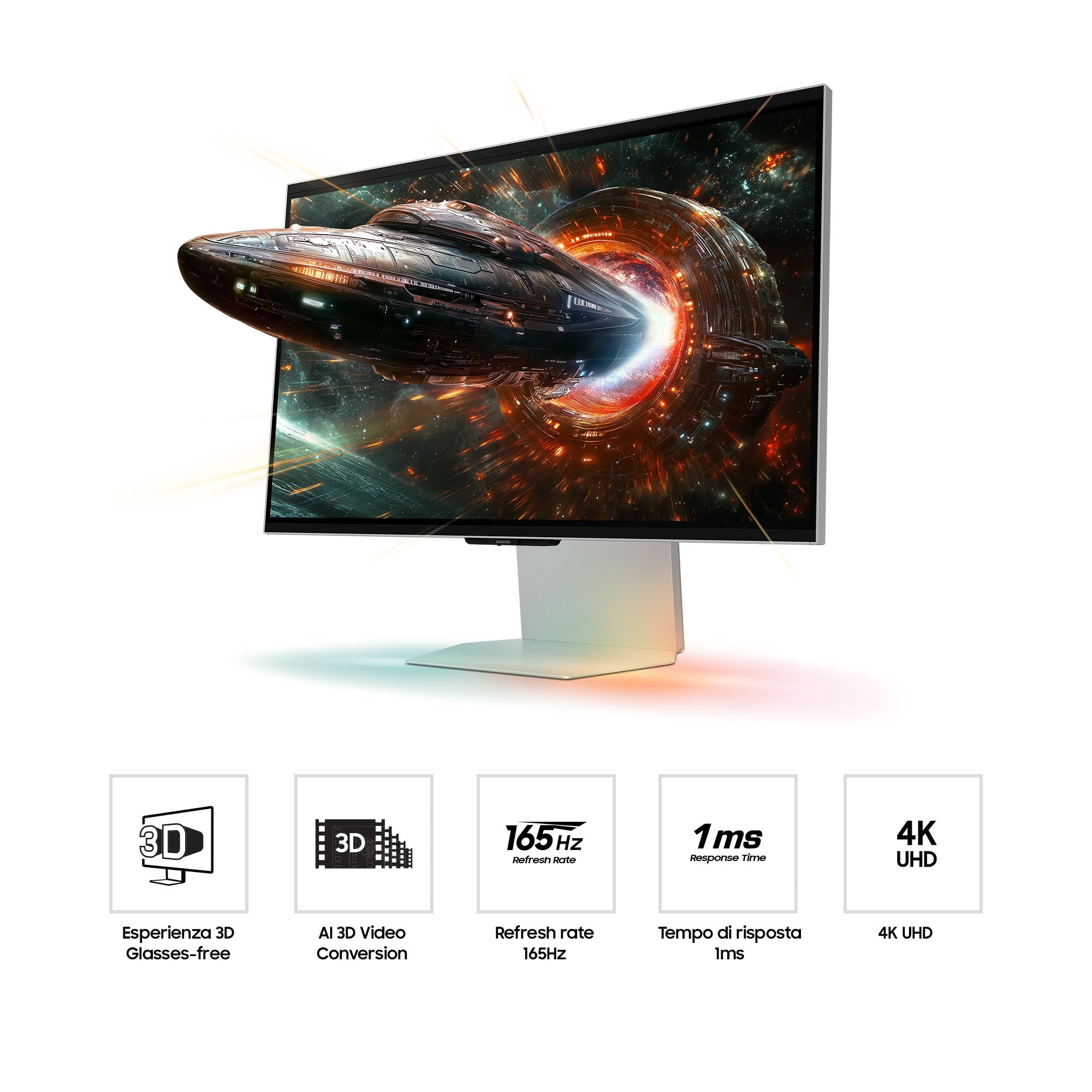 Samsung Monitor Gaming Odyssey 3D (S27FG900XU), Flat, 27'', 3840x2160, 16:9, IPS, 165Hz, 1ms, Compatibilità G-Sync, HDMI, USB, DP, Casse, Esperienza 3D Glasses-Free