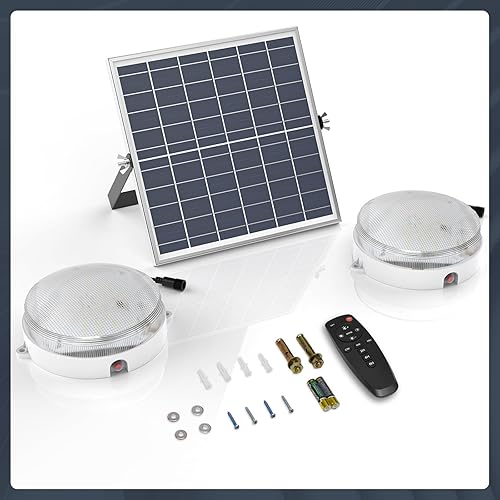 Miniatura 8 de SunBonar Solar Ceiling Lights Indoor Outdoor(2 Pack), Dimmable Daytime 3000K4000K6000K Solar Shed Lights with ONOFF Switch & Remote & 18W Solar