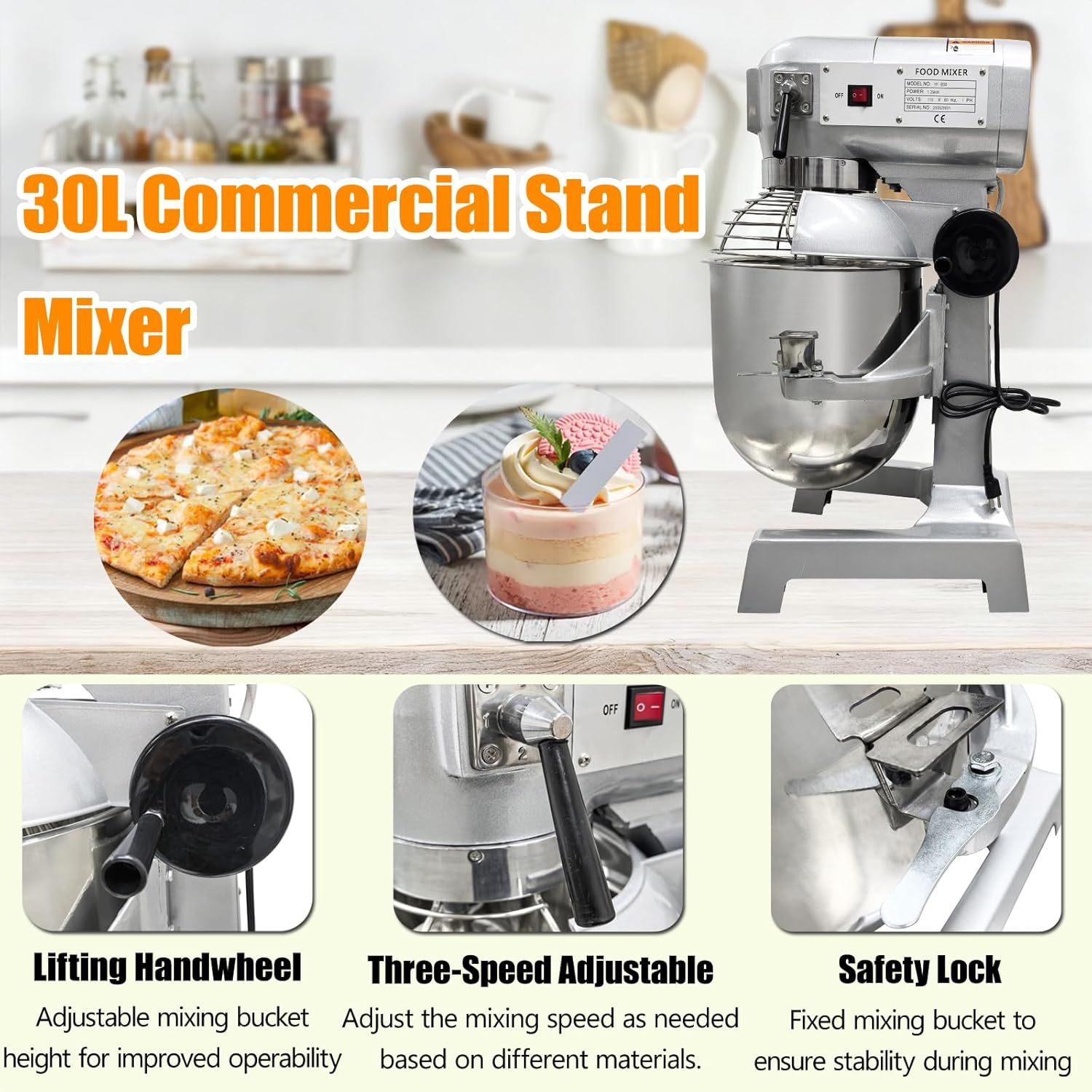 TECHTONGDA 30L Commercial Stand Mixer, Heavy Duty Food Mixer, 110V Dough Kneading Machine, Electric Flour Mixer Machine with 3 Speeds Adjustable for Bakery Pizzeria, Dough Hook Whisk Beater Included