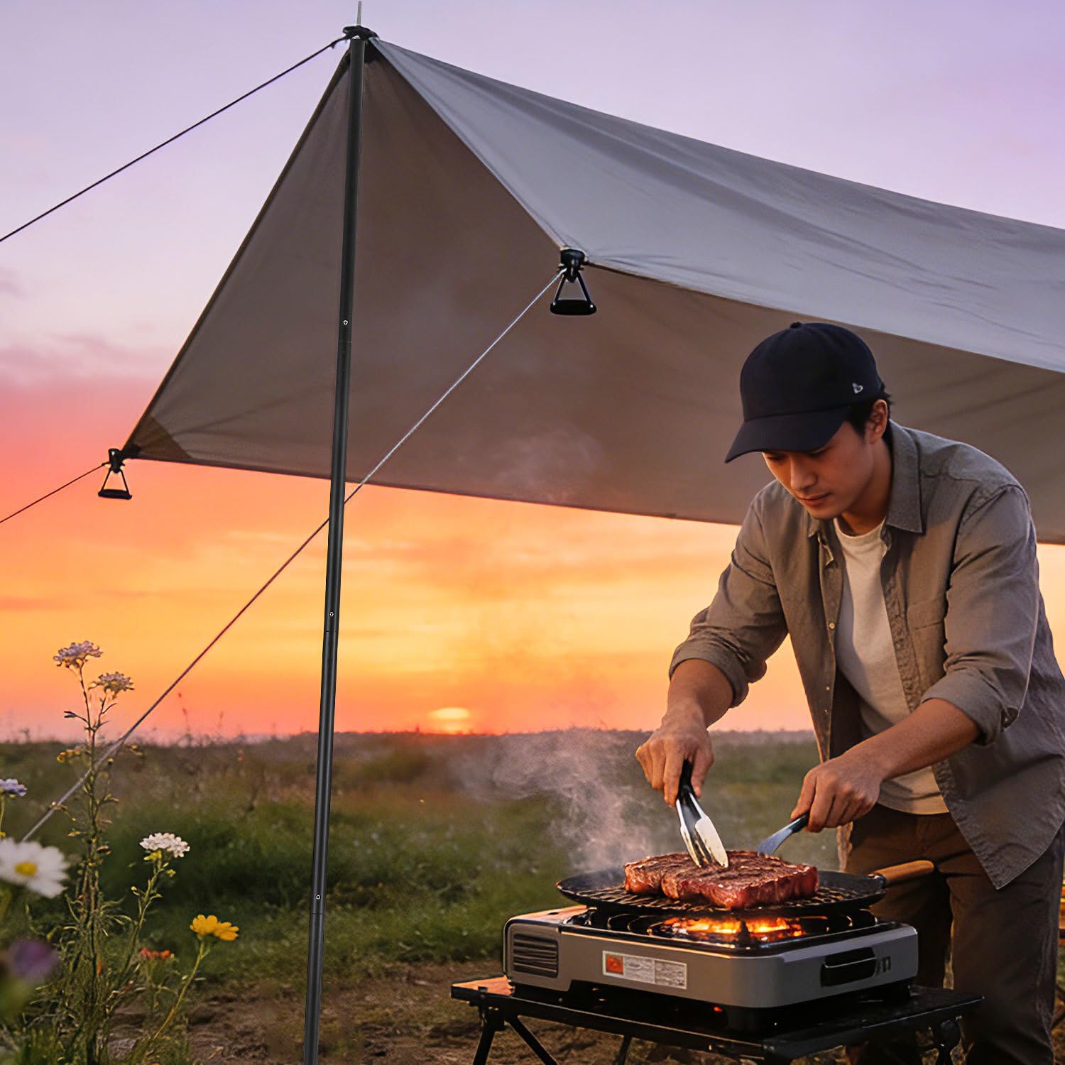 Verstellbare Zeltstange Teleskopstange，Aluminium Zeltstange，rutschfeste Spitze mit Rändelung, Stabile Kunststoff-Bodenkappe, Höhe 85–205cm, Sonnensegel & Camping