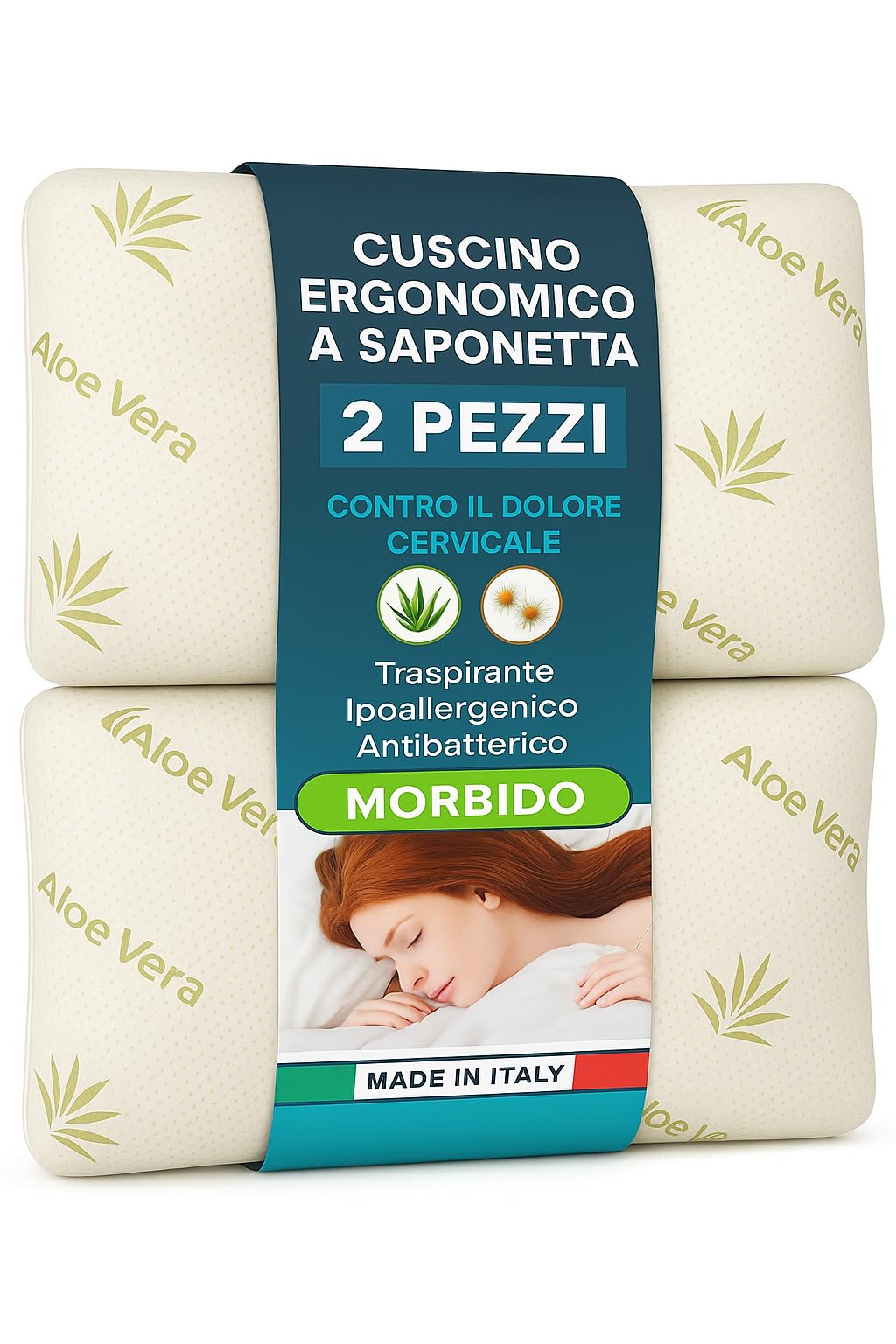 Cuscino Memory Foam Aloe Vera Set 2 Cuscino Ergonomico a Saponetta Antibatterico Ipoallergenico Traspirante per Benessere Notturno e Cuscini Letto Made in Italy per Collo e Cervicale