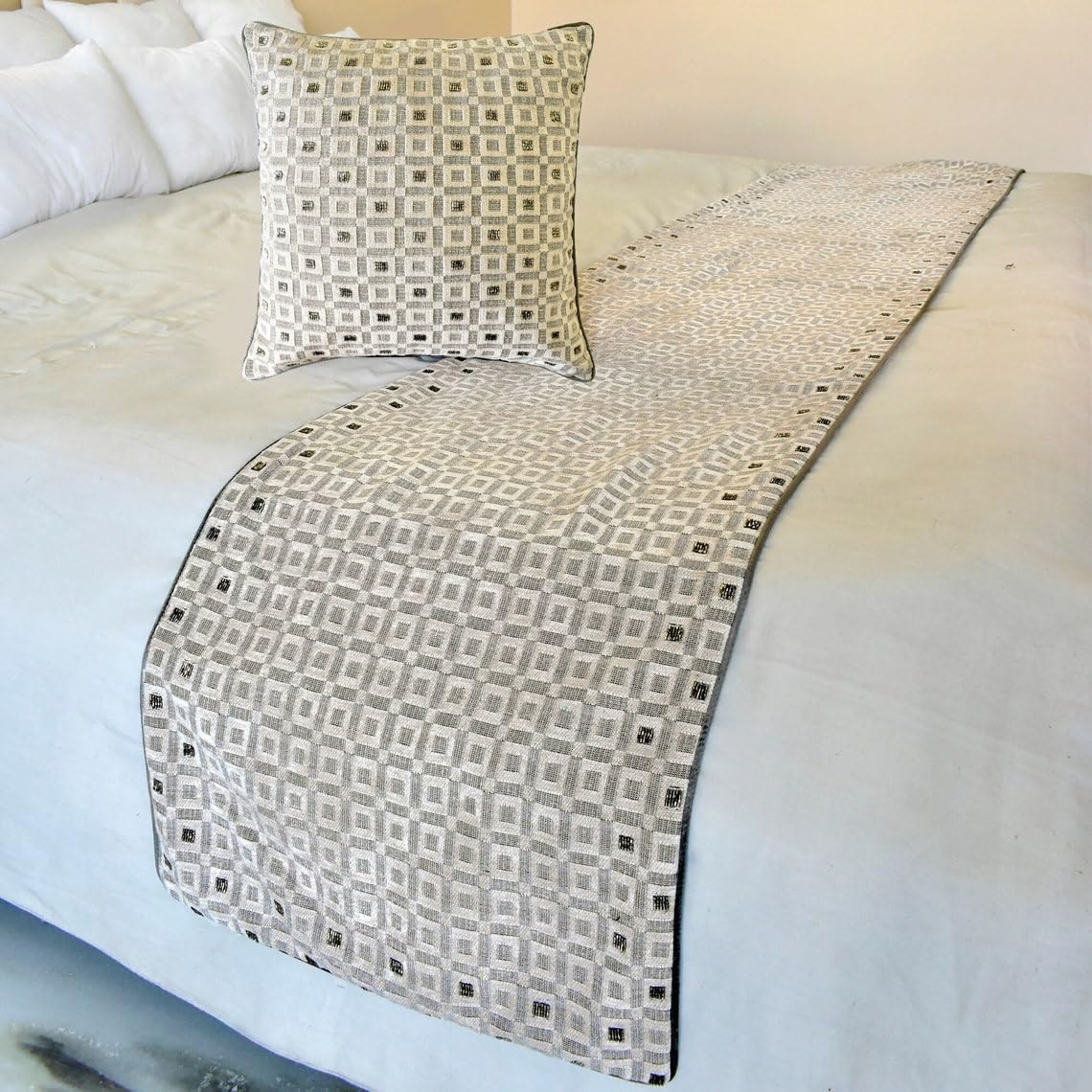The HomeCentric King/Queen/Twin Grey Decorative Queen 74"x18" Bed Runner with Pillow Cover, Checkered, Beaded, Hand Embroidery Bed Scarf on Velvet Fabric - The Brick Effect
