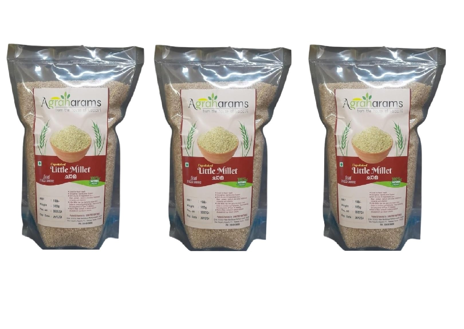 Agraharams From the House Of Kalpathi Unpolished Little Millet 500g Each | Pack of 3 |100% Natural Product Arikelu | Varagu | Arka | Little Millet Boosts Kutki Seeds Gluten-Free