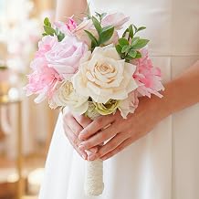 Laelfe Ramo de Novia Artificial, Ramos Nupciales para Novia y Damas de Honor, Ramo de Flores Artificiales con Rosas y Peonías, Ramo Romántico para Bodas, Fiestas, Decoración Nupcial