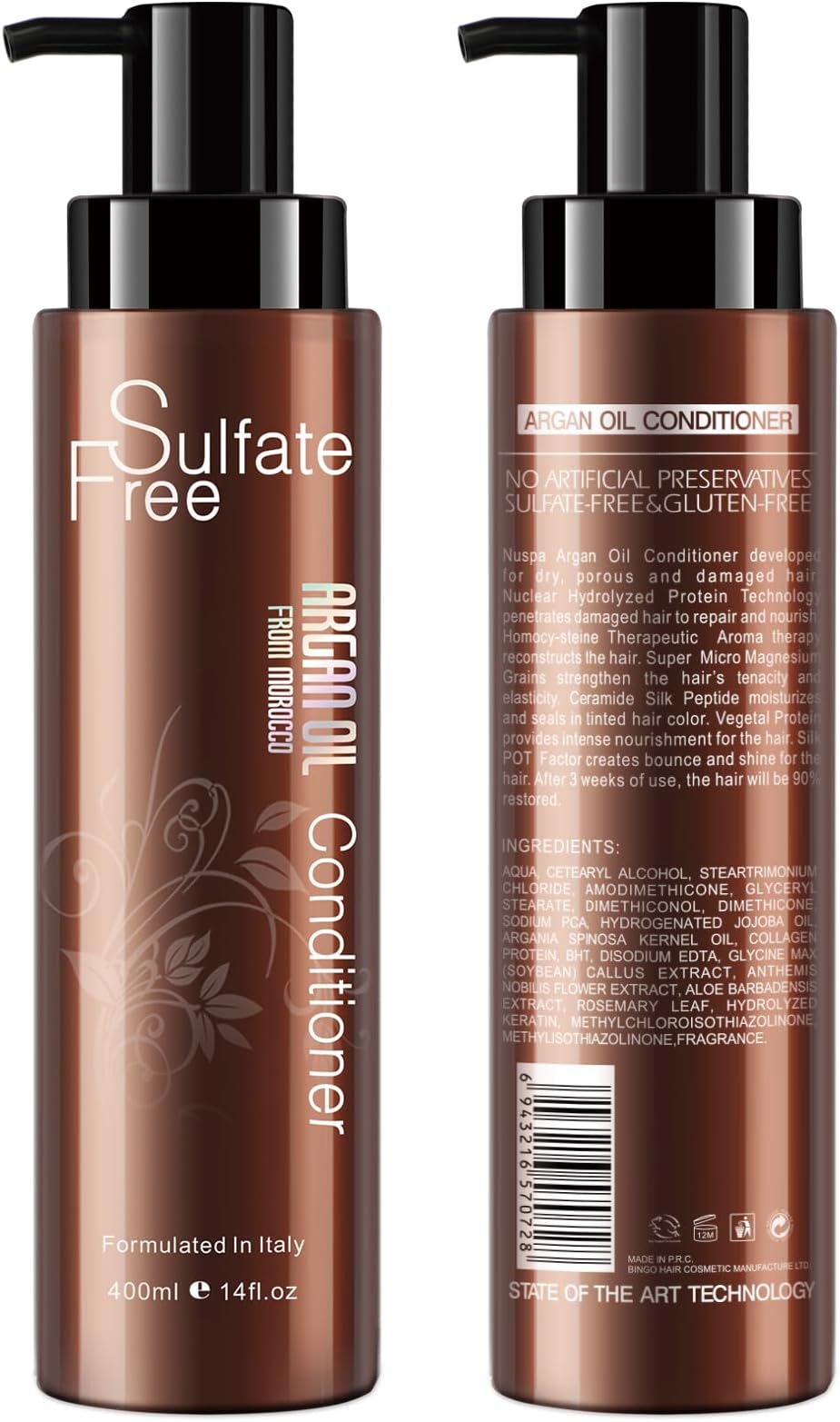 NUSPA NUSPAOrganic Sulfate Free Argan Oil Conditioner, 400ml, Unisex, Color Safe, UV Protection, Intense Moisturizing for Dry, Damaged, Frizzy, Volumizing for Thick Hair