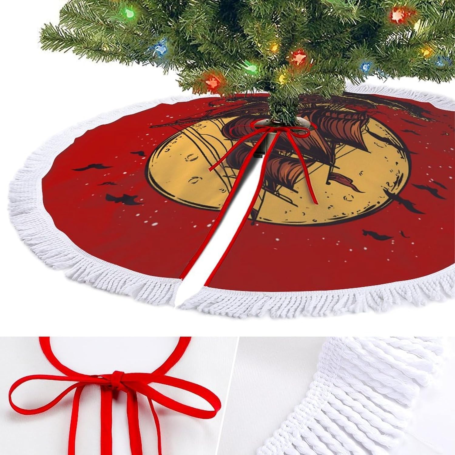 Sailboat Sail Sailing Ship Christmas Tree Skirt Round Xmas Tree Mat Ornaments Tree Skirts with Tassels for Holiday Party