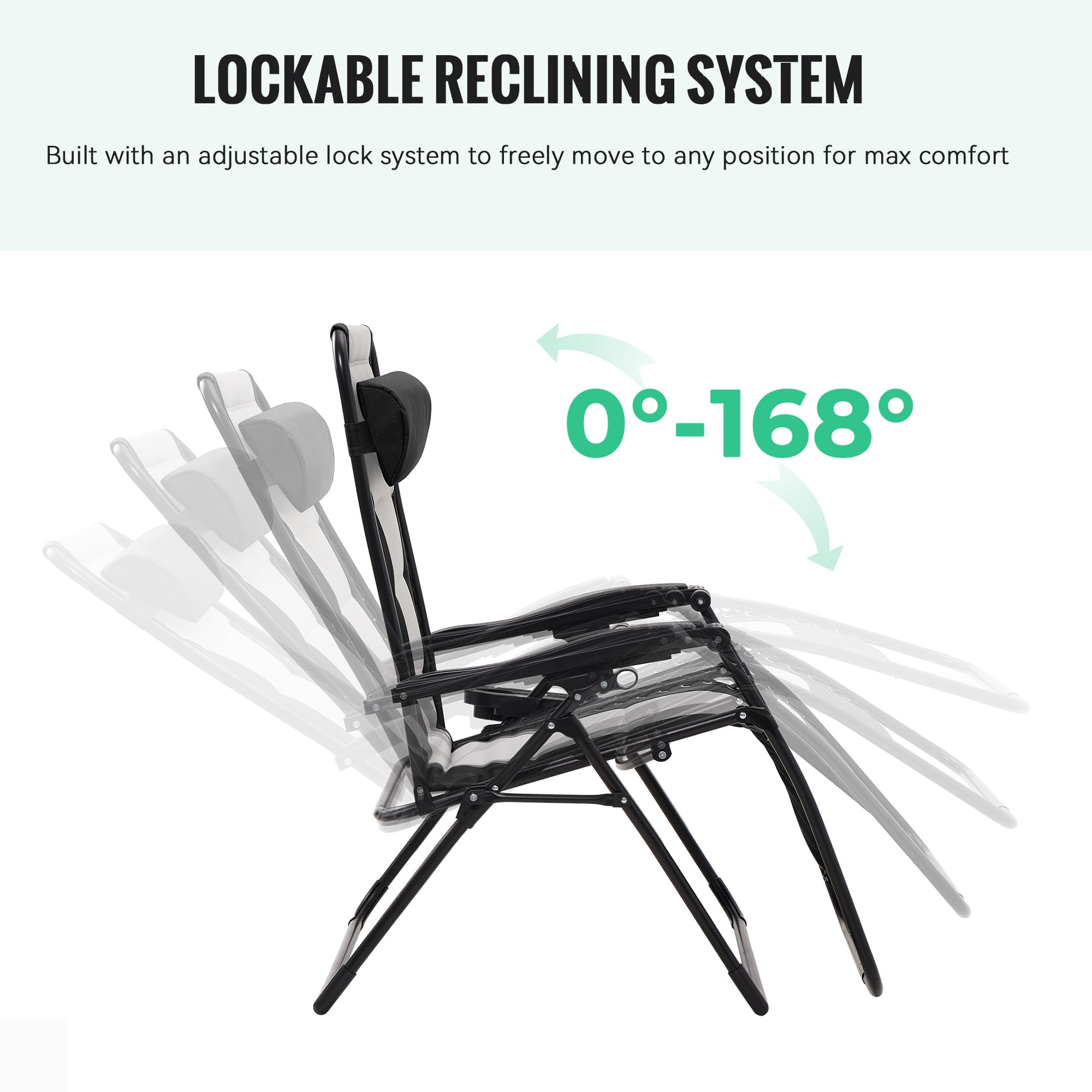 JEAREY Juego de 2 sillas acolchadas de gran tamaño de gravedad cero, sillas plegables reclinables para patio al aire libre, silla antigravedad para patio trasero con reposacabezas, portavasos, bandeja