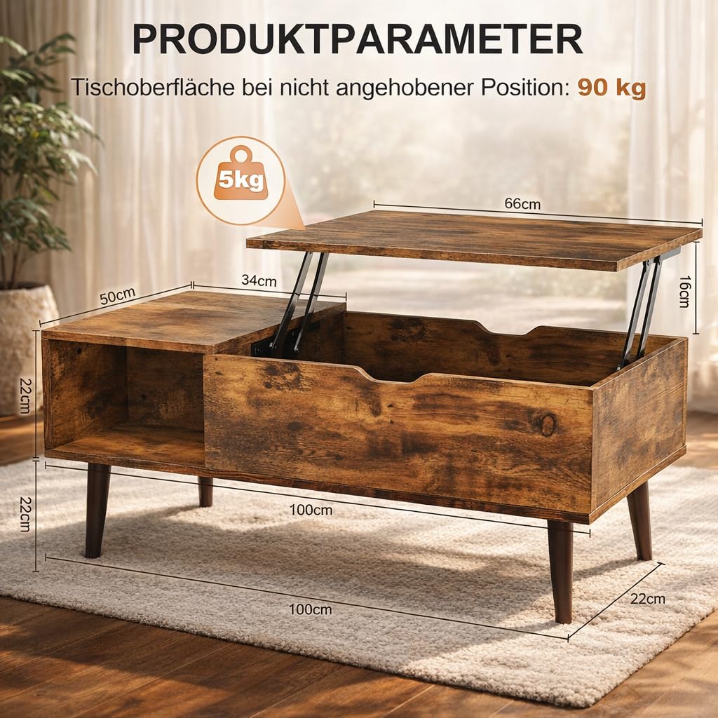DUMOS Couchtisch Höhenverstellbar, Qualität Wohnzimmertisch, Couchtisch, Couchtische für Wohnzimmer, kleine, Moderne Holz-Mitteltische mit Ablagefach und verstecktem Fach (Holzfarbe)