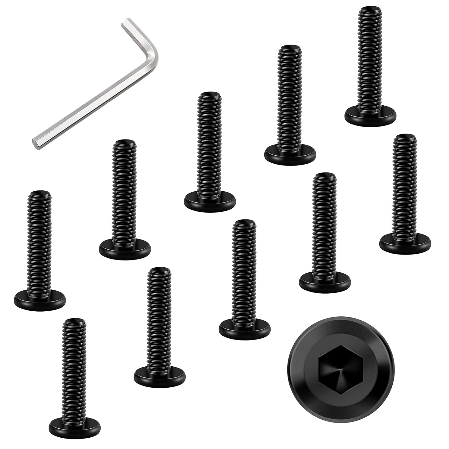 M6 x 10mm Bolt, 10 Pcs Per Set with 1 Hex Spanner, Flat Head Hex Socket Cap Bolts, Alloy Steel Black Oxide Full Thread, for Furniture, Shelves, Crib, Tables and Chairs Assembly (10 mm)