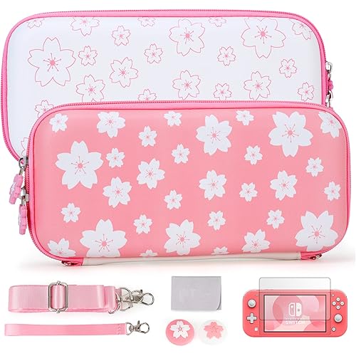 Tscope Cute Carrying Case for Nintendo Switch Lite, Pink Sakura Portable Hard Shell Girls Travel Storage Bag, with Glass Screen Protector & Thumb Grip Caps (Switch Lite Pink)
