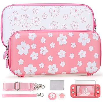 Tscope Cute Carrying Case for Nintendo Switch Lite, Pink Sakura Portable Hard Shell Girls Travel Storage Bag, with Glass Screen Protector & Thumb Grip Caps (Switch Lite Pink)
