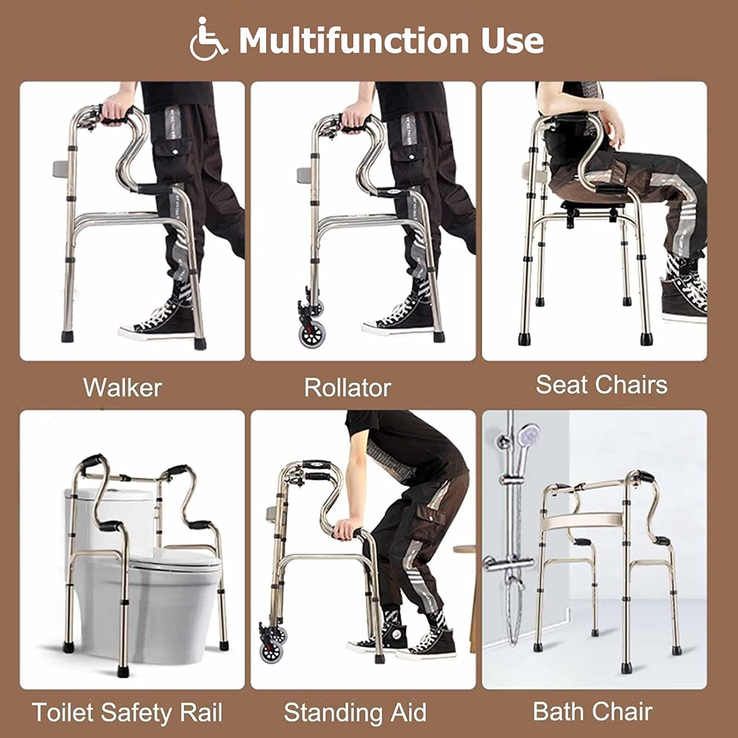 Andador Plegable con un Solo Clic con 2 Ruedas para Adultos y Personas Mayores, Andador médico 2 en 1, Andador Todo Terreno, soporta hasta 330 Libras (Andador Azul) (Andador Gris+Asiento)