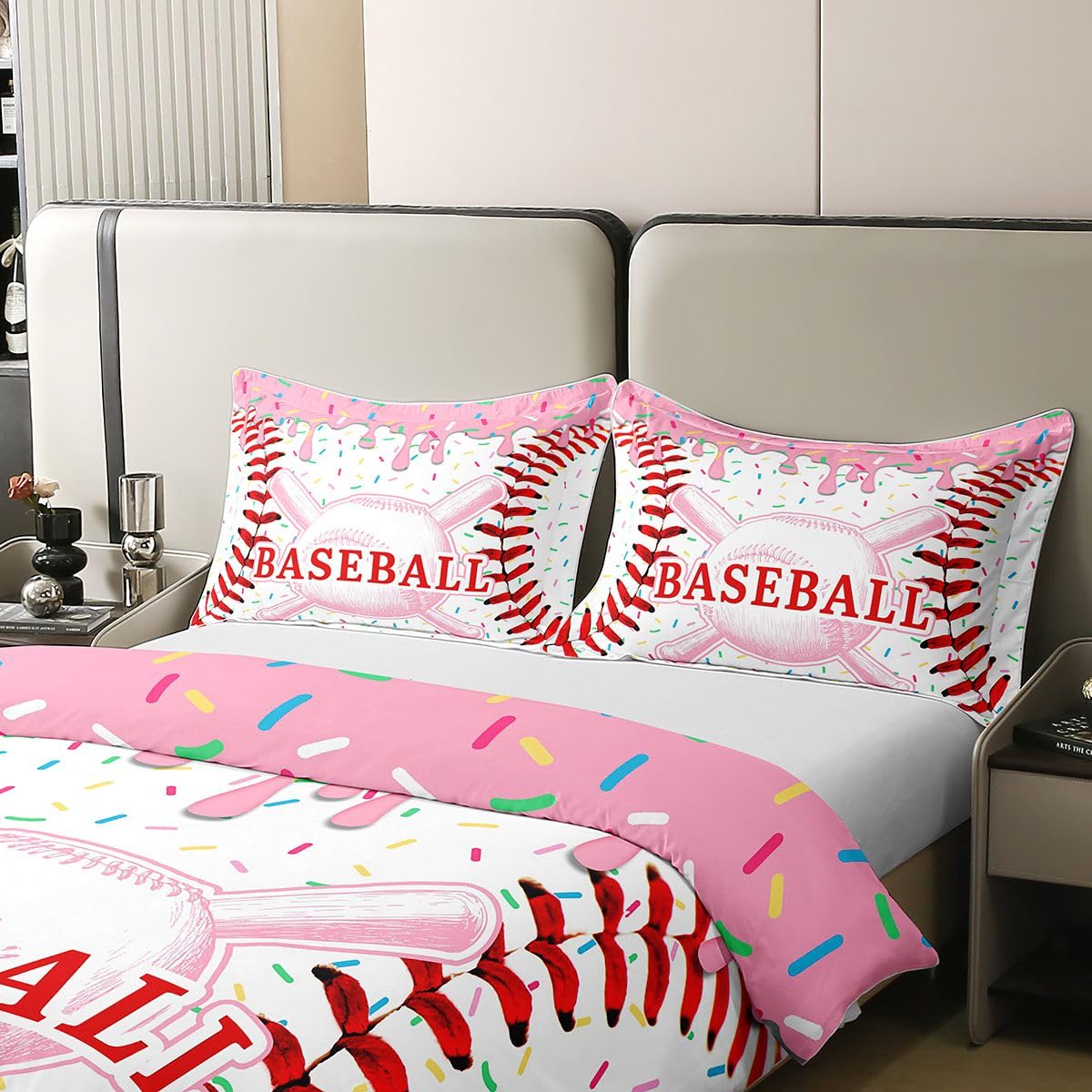 Homewish Juego de funda de edredón de béisbol tamaño King para adolescentes, ropa de cama deportiva de helado, juego de cama de béisbol, juegos, para habitación de adultos, bonito juego de cama