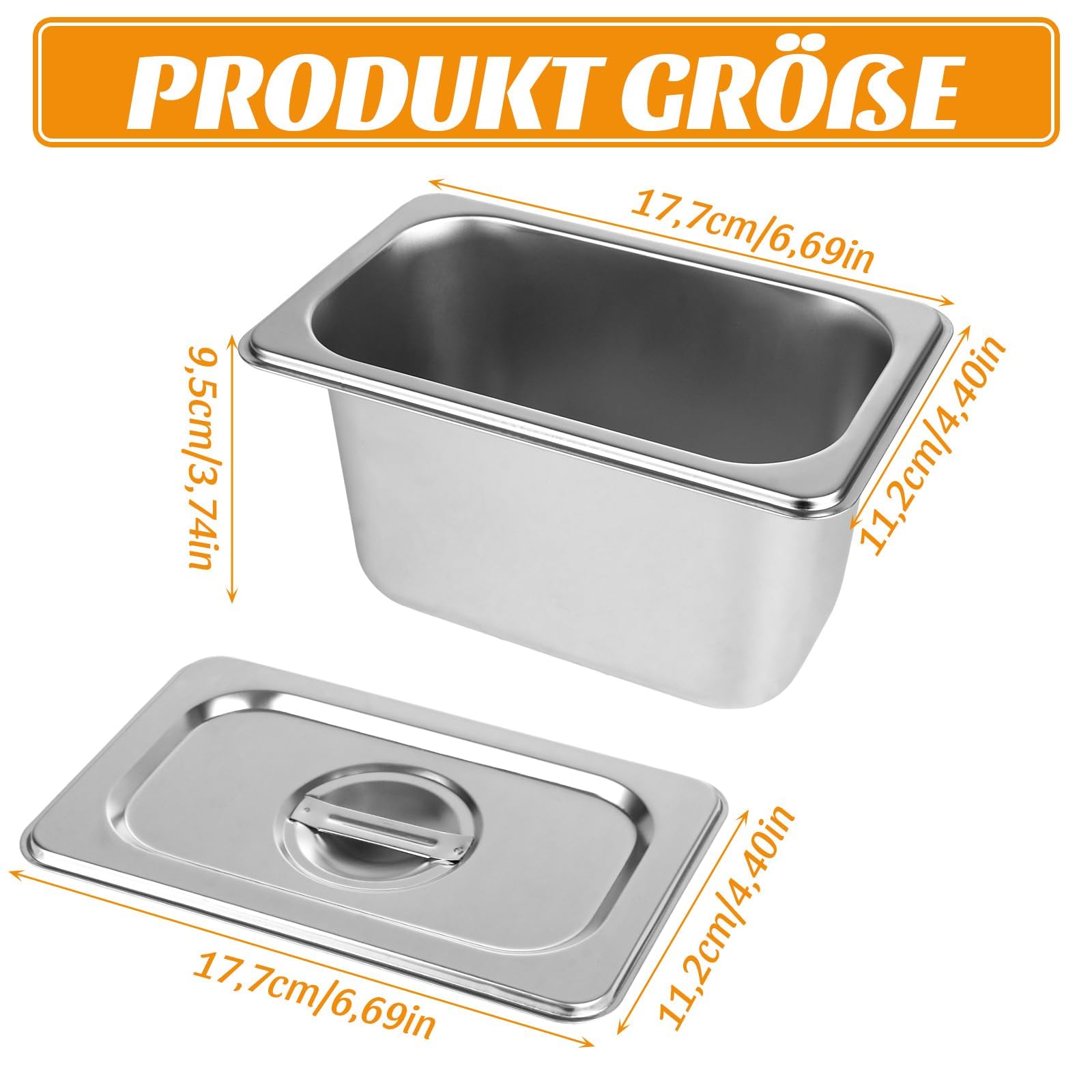 Lot de 4 Bac Gastronorme GN 1/9 avec Couvercle, Récipient Alimentaire en Acier Inoxydable 176x108x100mm, Plat Inox pour Chafing Dish et Restauration