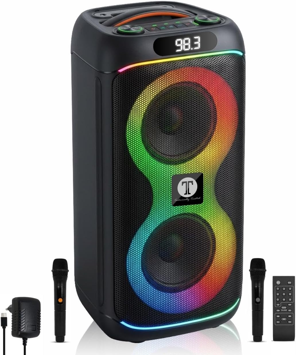 Thunder Vibra-PRO 120W Bluetooth Karaoke Party Speaker with Dual 6.5" Woofers | 2 Wireless Mics, TWS, RGB Lights, 6H Playback, FM, Remote & AUX/USB/SD/TV Connectivity | Newly Launched Set