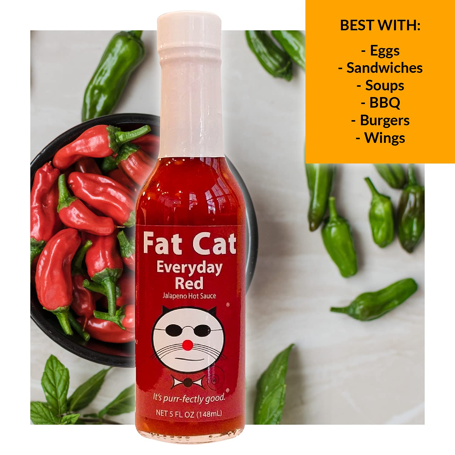 Everyday Red Jalapeño Pepper Hot Sauce by Fat Cat Gourmet | All Natural | Flavorful, Fresh and Versatile | Enhances Everyday Foods | Medium Heat | Gluten Free, Vegan & Keto Friendly | 6 Bottles