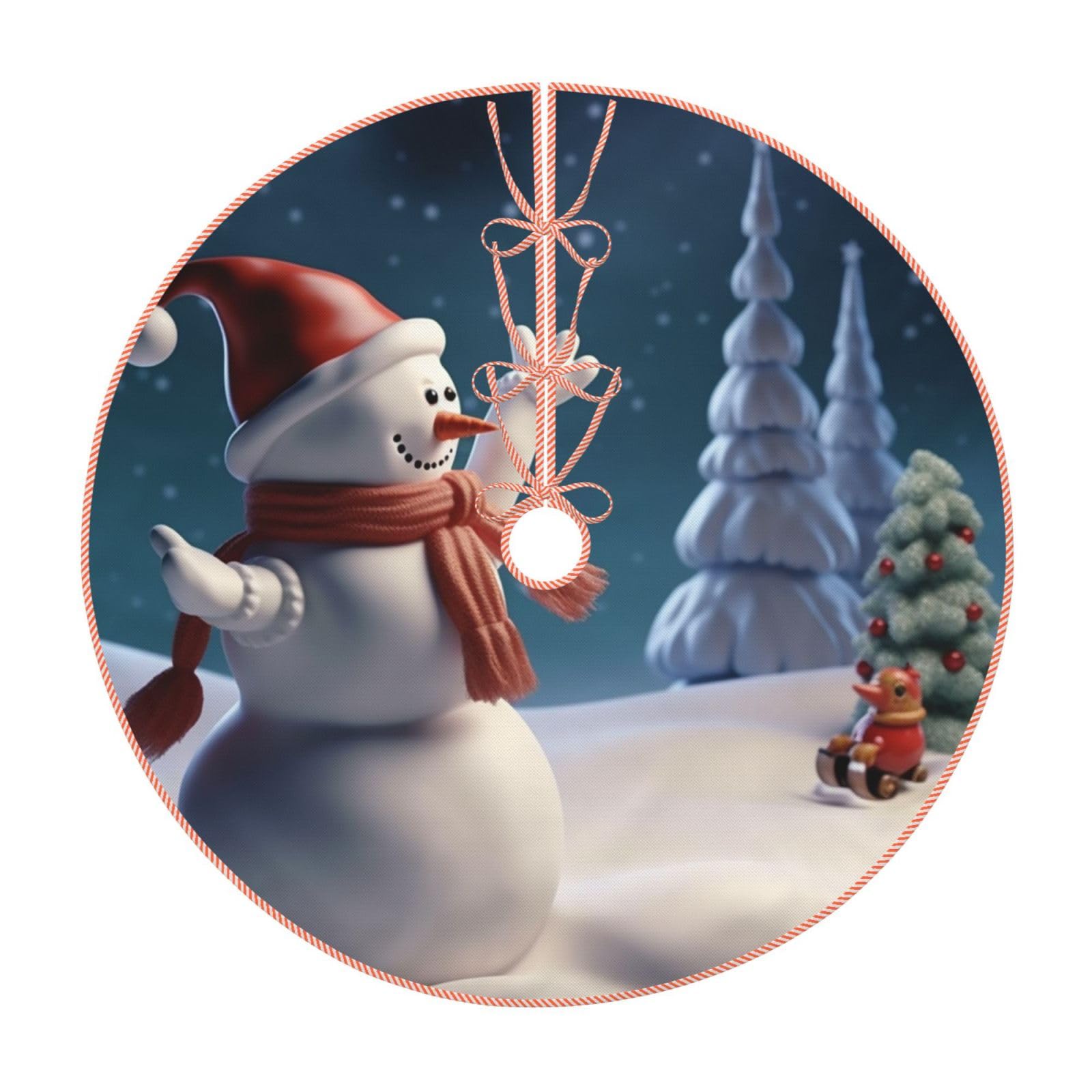 Jupe De Sapin De Noël Rouge 47″ – Motif Bonhomme De Neige Et Flocons – Ambiance Campagne, Douce Et Cosy