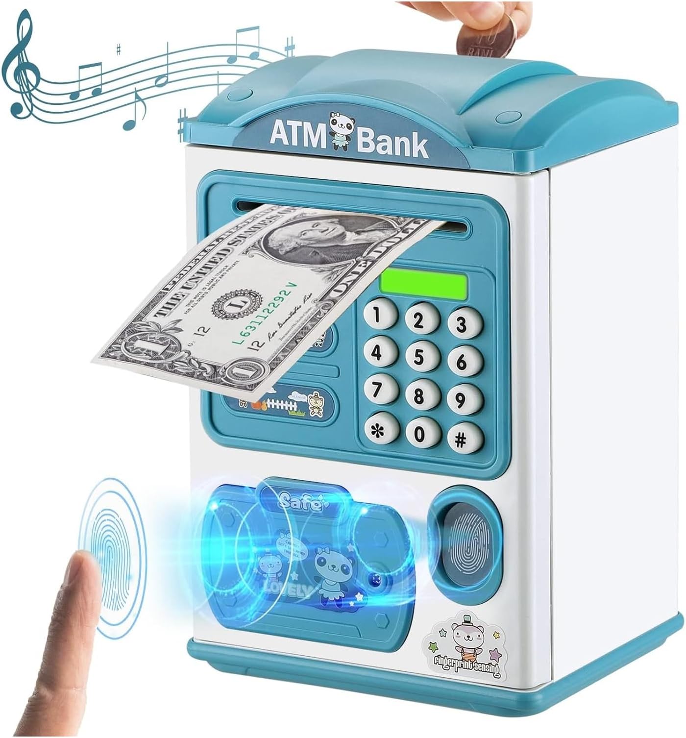 Electric Atm Piggy Bank For Kids With Password Protection And Finger Sensor, Auto Roll Money Notes - Blue, Modern