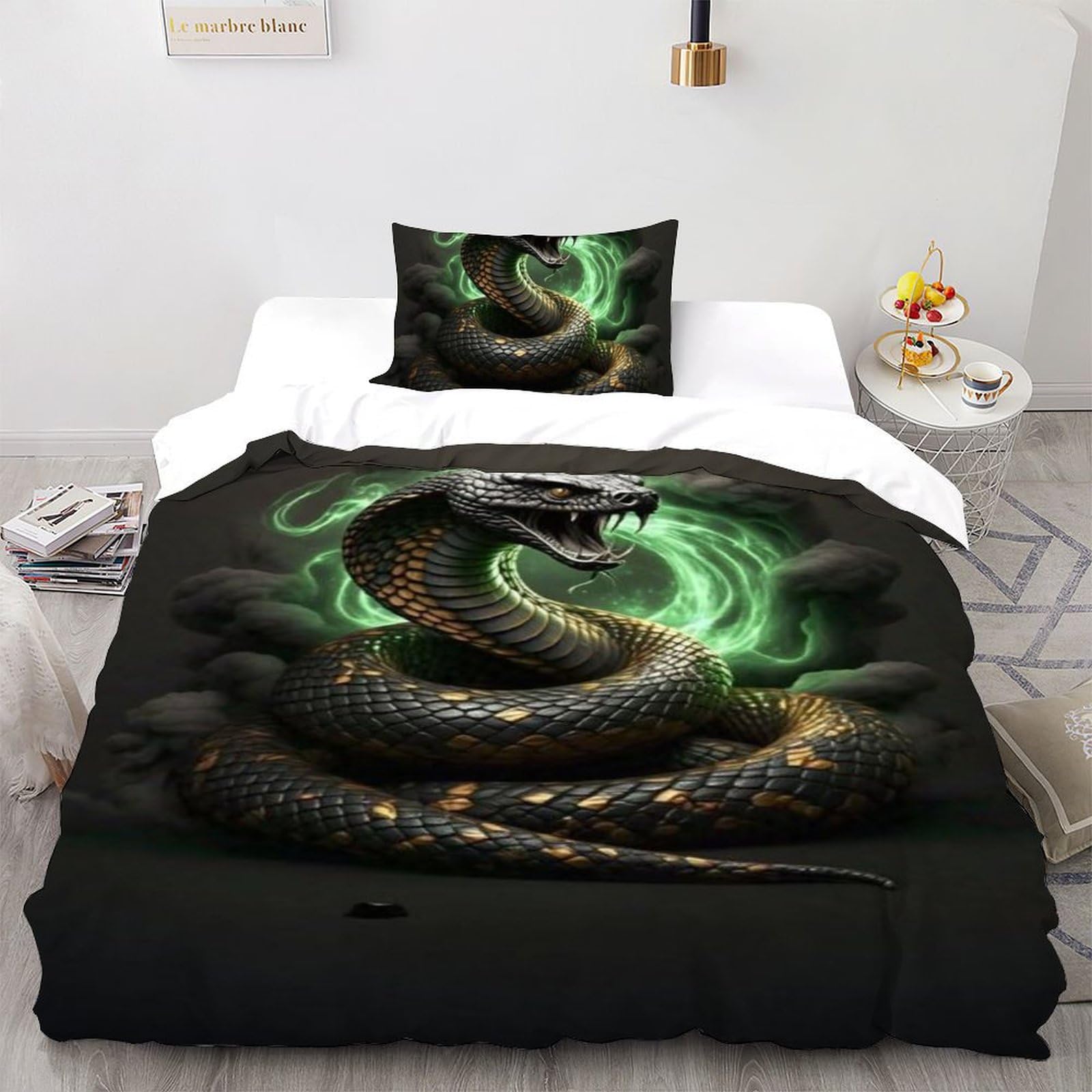 Housse de couette single Python bleu imprimé 3D animaux pour lit garçon avec zip