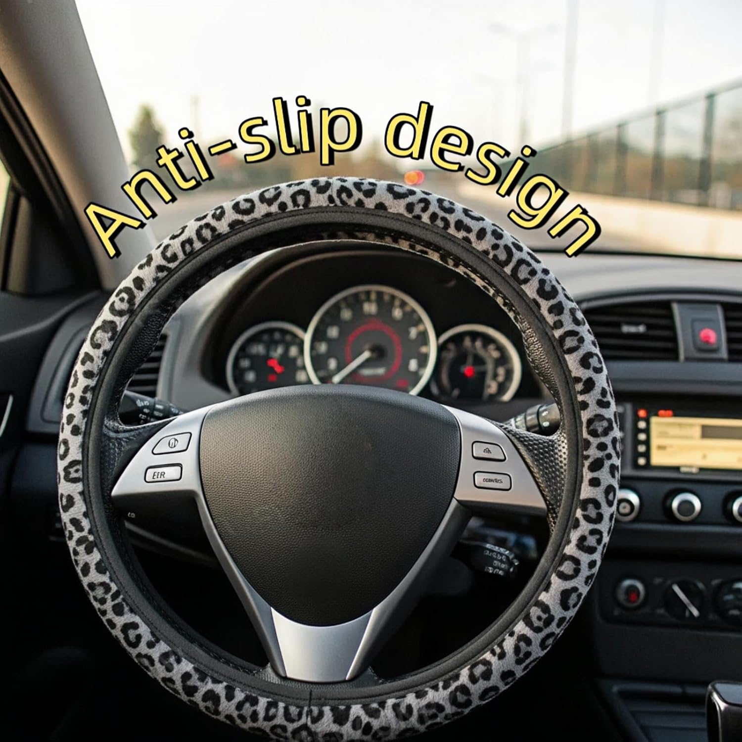 Black Leopard Print Cheetah Elastic Steering Wheel Cover, Non-Slip Breathable Neoprene Steering Wheel Covers, Women Leopard Car Accessories, Universal 15 Inch Fit Auto, Suvs, Truck thumbnail
