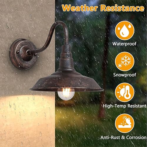 Miniatura 3 de Paquete de 3 lámparas de granero de cuello de cisne para exteriores, estilo retro, de 10 pulgadas, lámpara de pared exterior de hierro, cúpula de