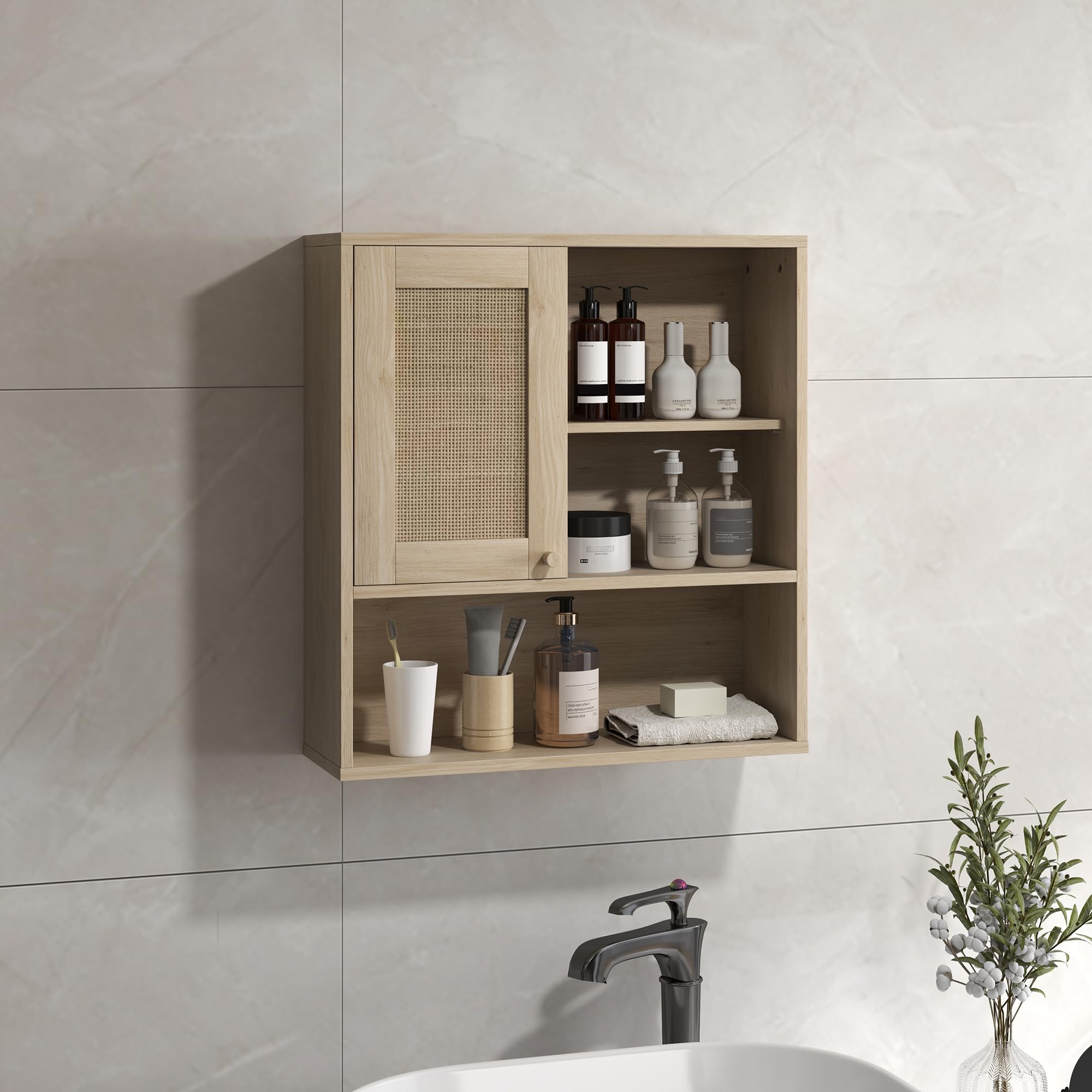 HOMCOM Armoire murale, meuble haut salle de bain avec porte coulissante en rotin et étagères ouvertes, meuble de salle de bain style bohème, meuble de rangement suspendu, 60 x 20 x 65 cm, bois naturel