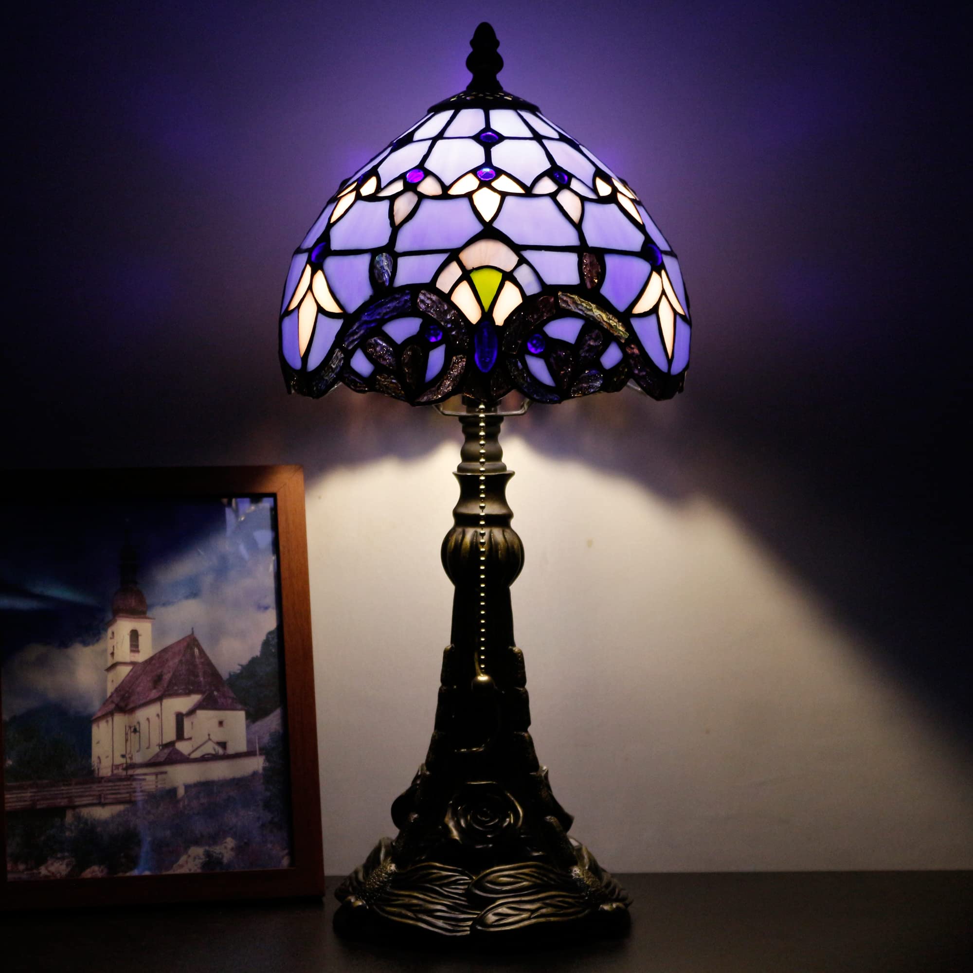 SYETL Small Tiffany Lamp Mini Stained Glass Desk Lamp Blue Purple Baroque Style Vintage Table Lamp Tiffany Style Night Light 8X17.5 Inch