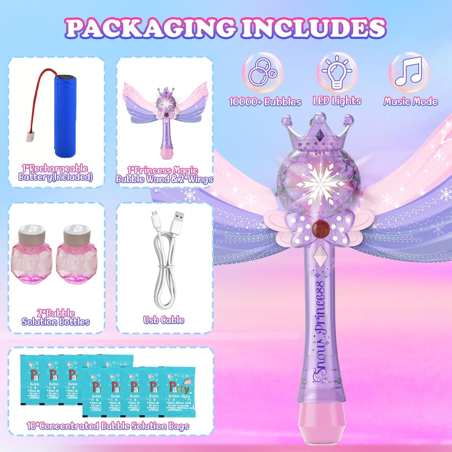 Princess Bubble Wand,Rechargeable Bubble Machine for Kids,Light Up & Music Bubble Maker,Bubble Blower,Outdoor Halloween Party Birthday Bubble Toy for Toddlers,Gift for Girls Age 3 4 5 6 7 8 Years Old.
