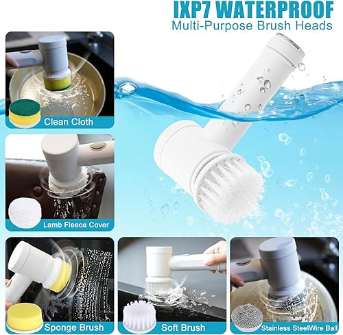 Miniatura 2 de Limpiador eléctrico giratorio, cepillo de limpieza eléctrico con 5 cabezales de cepillo reemplazables, limpiador de ducha inalámbrico de mano con