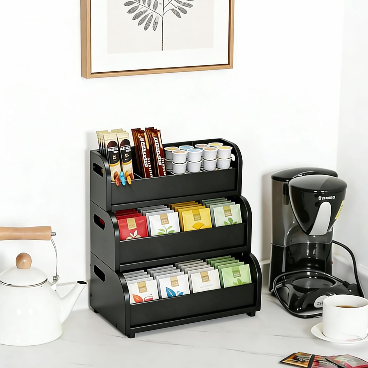 3 Layer Stackable Tea Bags Organizer,Bamboo Tea Organizer Display Rack,Large Capacity Tea Storage Box to Pantry,for Pantry Kitchen Office Coffee Station Restaurants Bars (black)