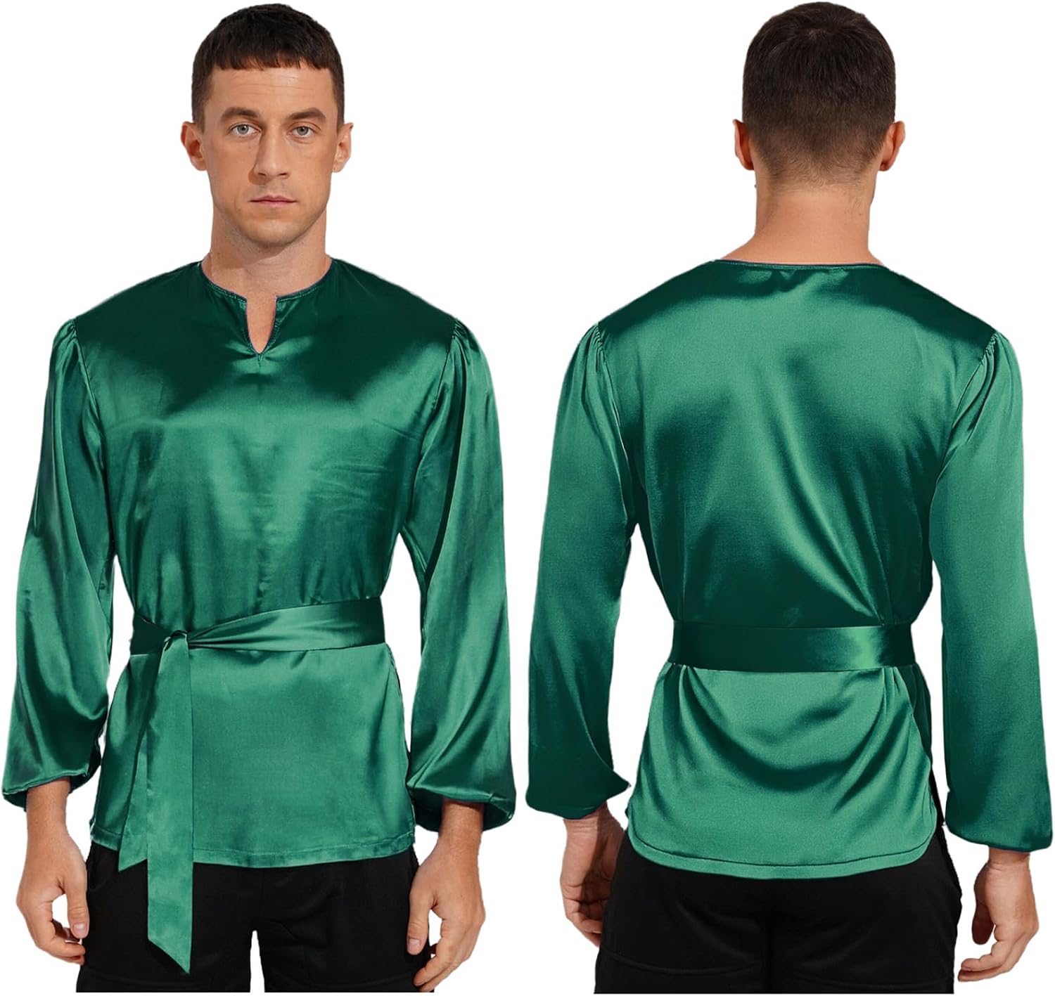 Vxuxlje Mens Praise Dance Shirts Shiny Satin Long Sleeve Pullover Top with Belt Worship Dance Tops