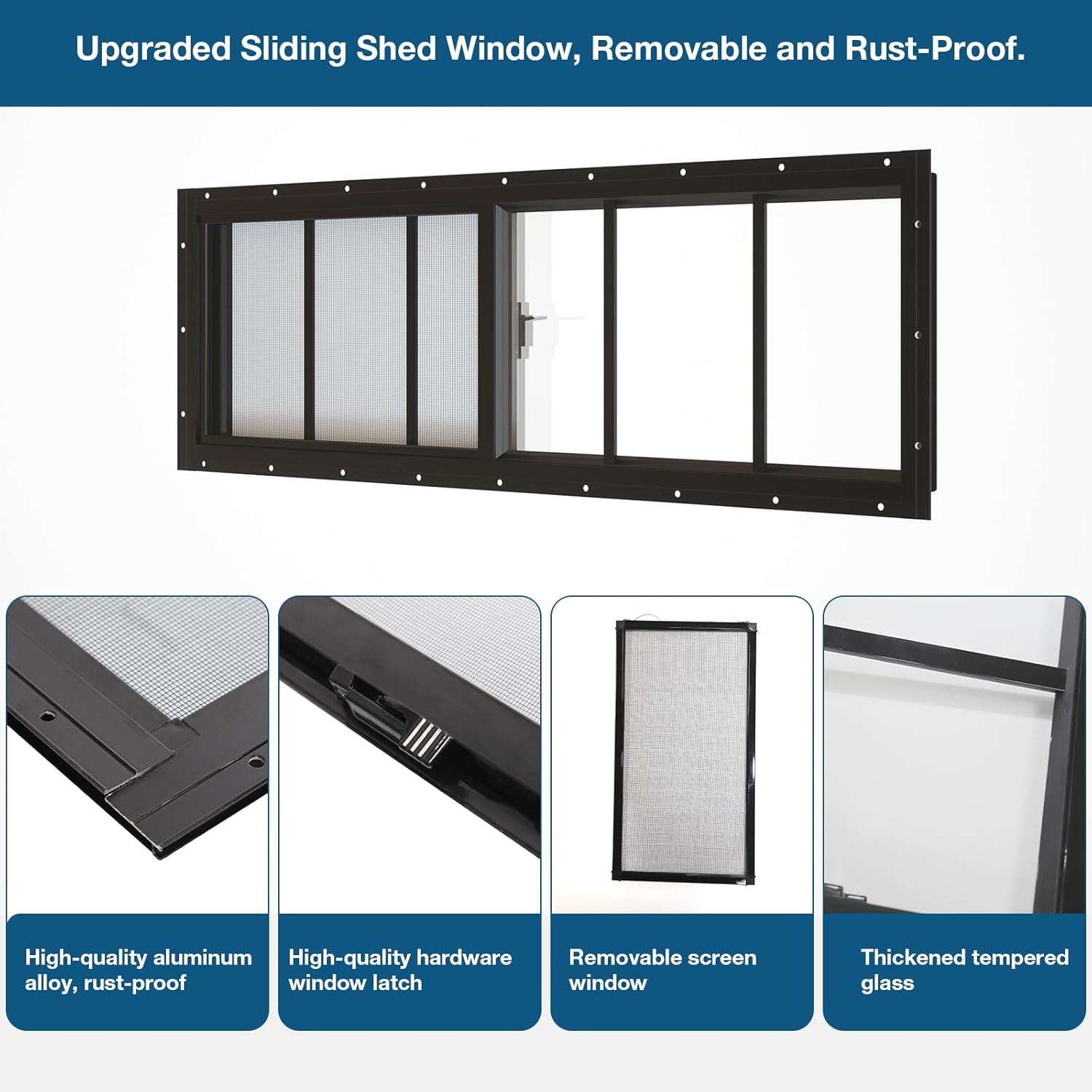 Yuzzy Shed Windows 2 Pack, 10"x35" Sliding Windows Transom Window with Tempered Glass and Removable Fiberglass Screen for Shed, Chicken Coop, Playhouse, Household, Garage, Barns (Black)