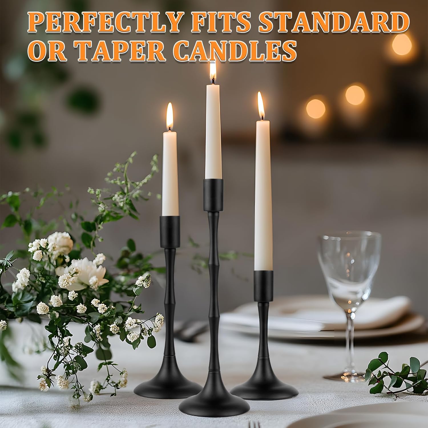 Black Candlestick Holders, 3Pcs Metal Candle Holders Vintage Candles Stand Set for Taper Candle Sticks Holder Decor for Wedding Table Centerpieces Mantelpiece Dining Table Decor - Image 7