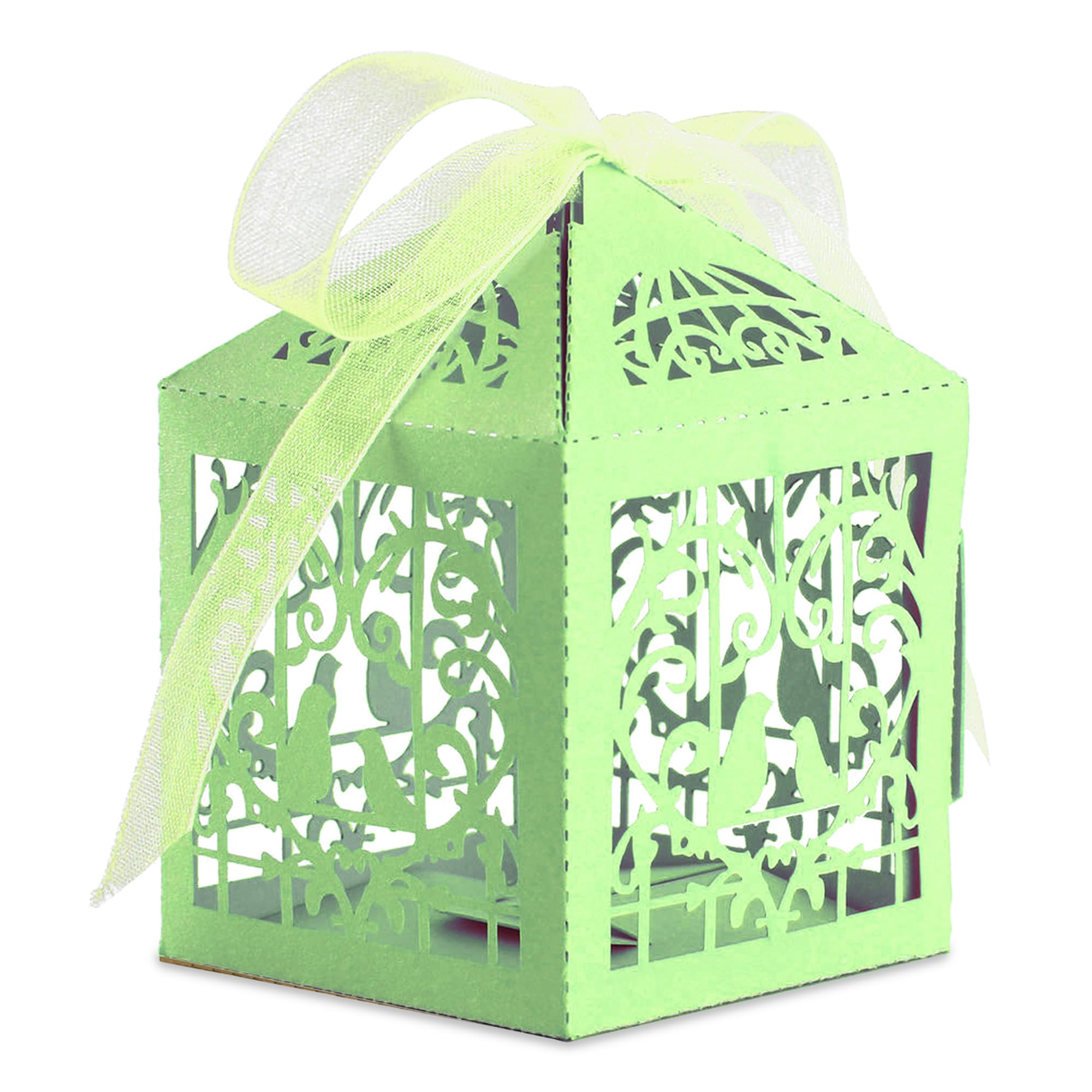 WedDecor Small Favour Boxes Laser Cut Design Candy Chocolates Green Box With Green Ribbon for Weddings, Birthdays, Baby Shower, Parties Decoration, 5cm x 5cm, 100pcs