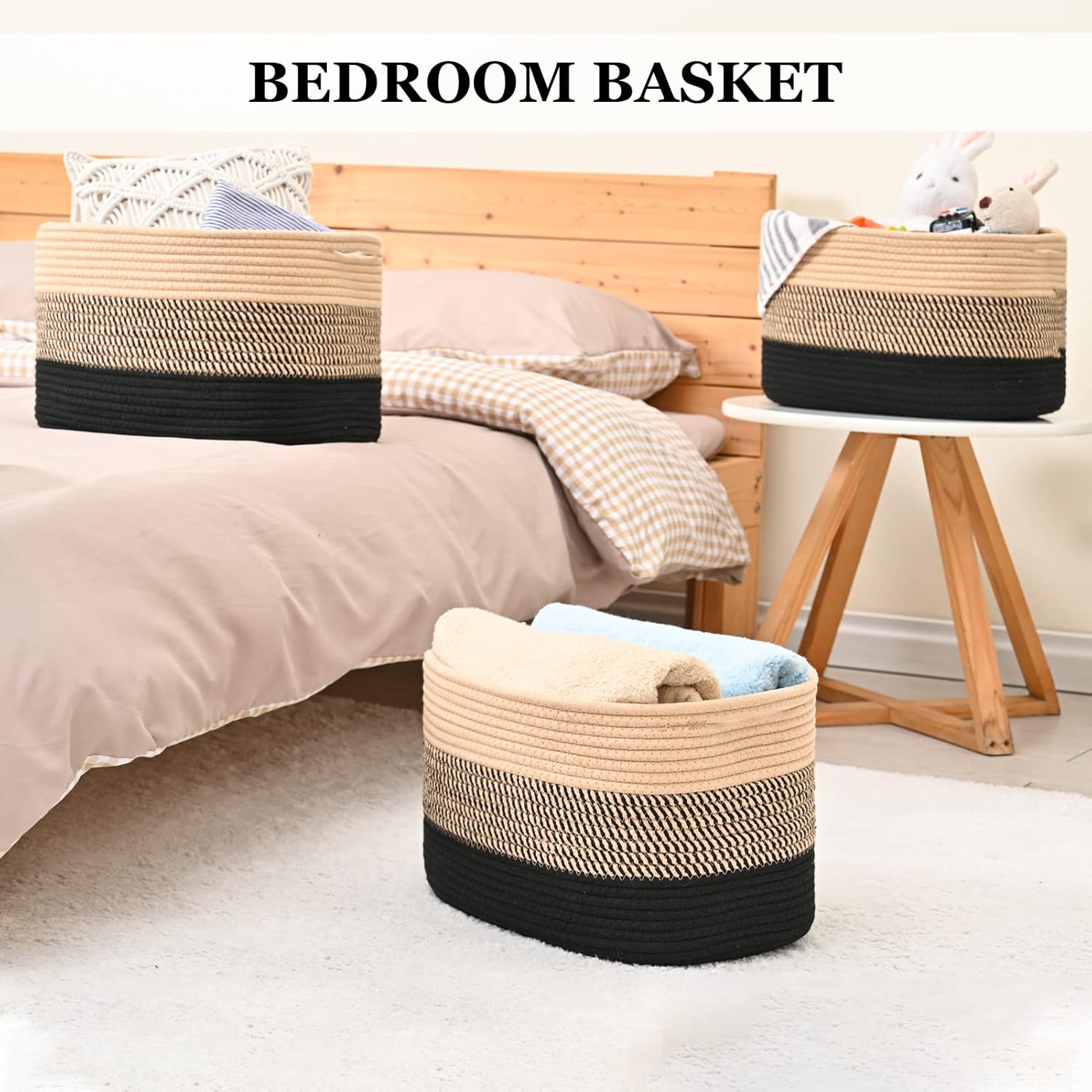 Cotton Rope Storage Baskets for Organizing 3Pack 15"x10"x9" Woven Baskets for Storage,Shelf Baskets Cube Storage Bins Towel Baskets,Toys Baskets Nursery Basket Laundry Baskets(Black/Brown)