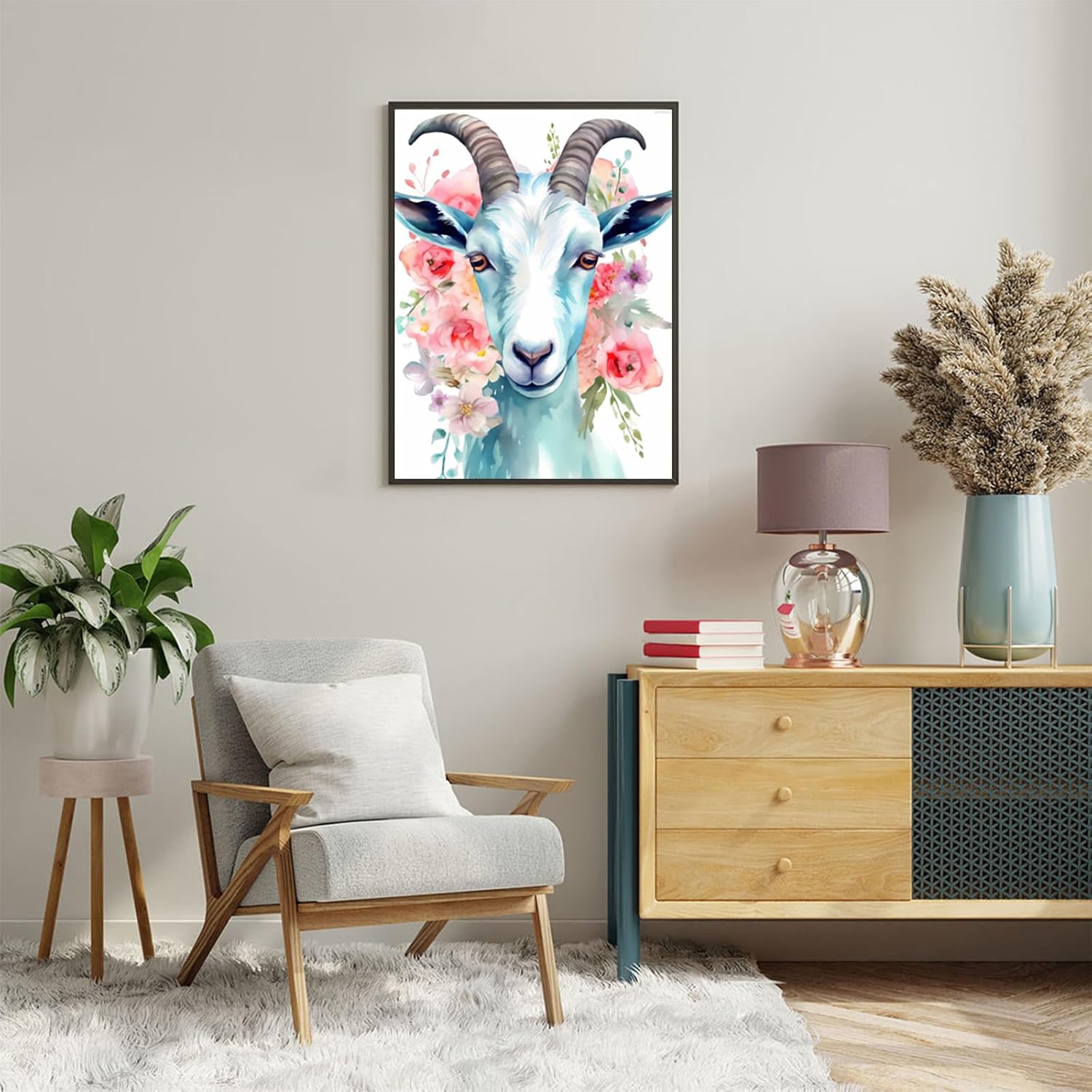 KAYEIUU Animal Theme Diamond Painting Kit for Adults, Full Diamond Goat Flowers Diamond Art for Beginners, Round 5D Diamond Gemstone Art Painting Kit Wall Decor Gift 12x16 inch