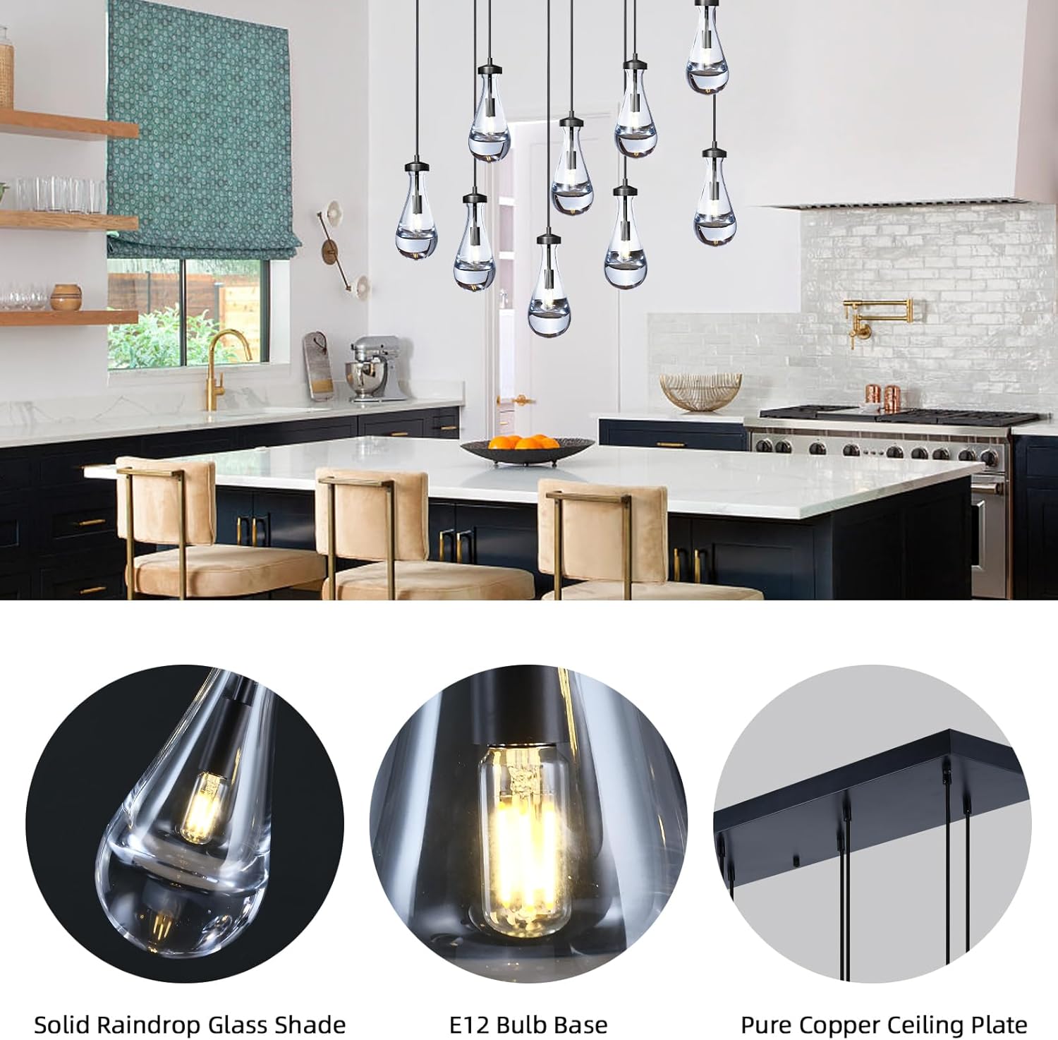 Raindrop 9-Light Cluster Pendant Lights, Black Hanging Chandelier with Clear Glass Shades, Adjustable Rope Kitchen Island Light for Long Dining Table, Staircase, Foyer, Living Room