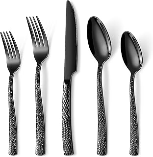 HONKKU 30-Piece Cutlery Set for 6 People, Black, Thickened Stainless Steel Cutlery Set with Hammered Handle, Cutlery Set with Knife, Fork Spoon, Mirror Polished Dishwasher Safe
