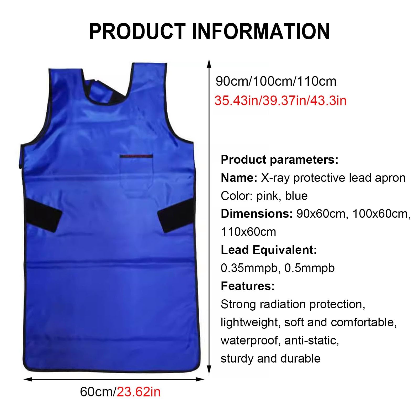 Delantal de Plomo Delantal De Plomo Resistente A La Radiación, Delantal De Plomo Con Protección Contra Rayos X, Ropa De Plomo Universal Ligera Para Adultos, Tamaño Ajustable(Blue,0.5mmpb/110x60cm)
