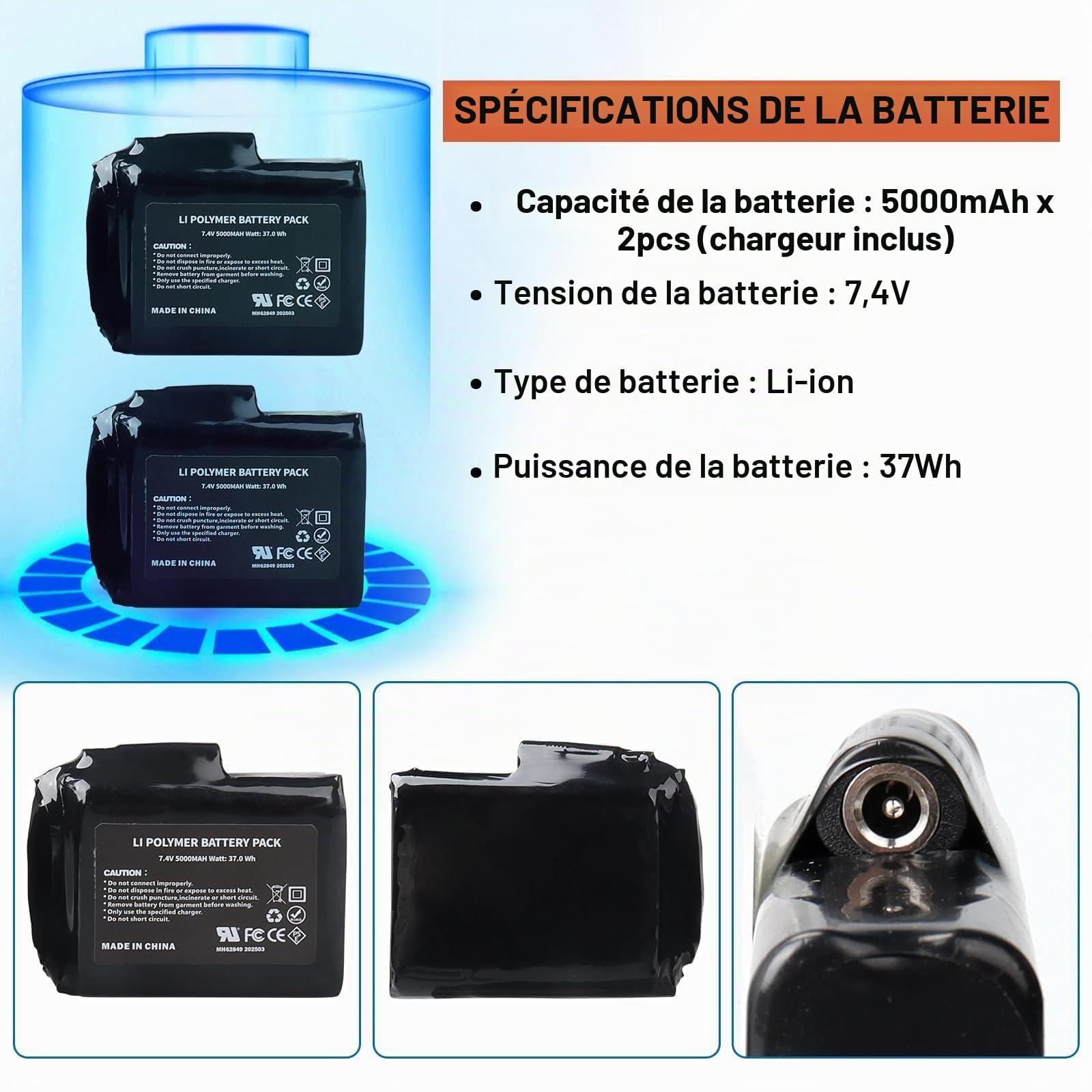 Lot de 2 Batteries Lithium-polymère Rechargeables 7,4 V 5 000 mAh 37 Wh avec Chargeur pour Gants Chauffants,Chaussettes chauffantes,Bonnets Chauffants, cagoules chauffantes,Semelles chauffantes