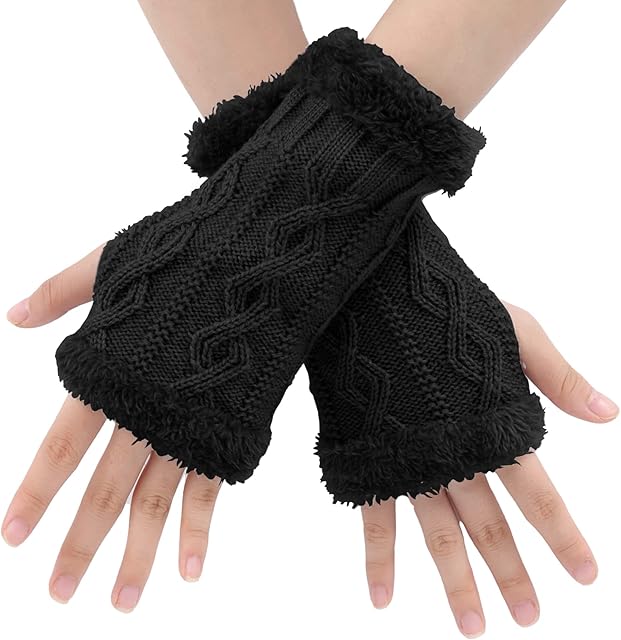 BLURBE Fingerless Gloves for Women - Arm Wrist Warmers, Thicken Plush Ladies Winter Arm Fingerless Gloves Mittens Wrists Knitted Warmers with Thumb Hole for Women Gifts UK