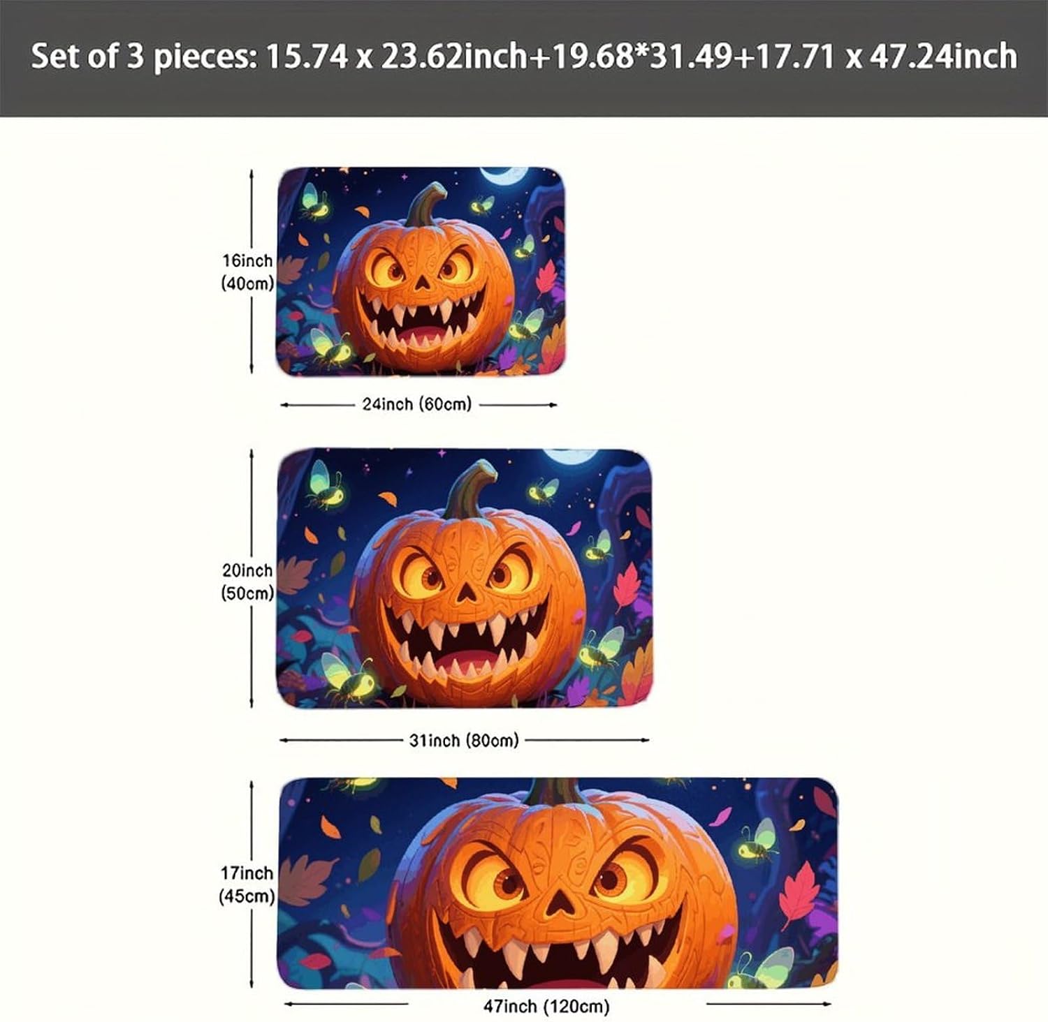Jack-O-Lantern Kitchen Mats for Floor 3 Pcs Kitchen Rugs