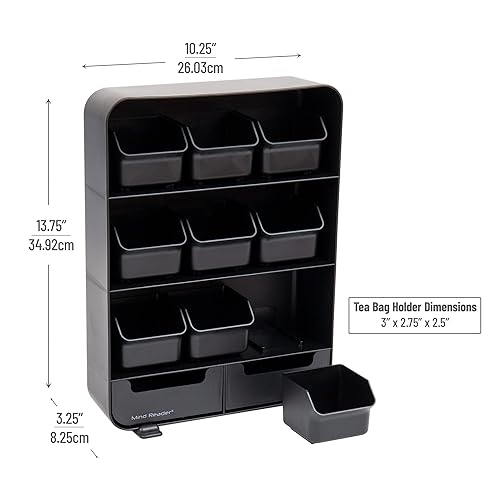 Vista 3 de Mind Reader Tea Bag Organizer, Tea Station Organizer, Countertop Storage, Kitchen, Plastic, 10.25"L x 3.25"W x 13.75"H, Black Negro