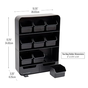 Mind Reader Tea Bag Organizer, Tea Station Organizer, Countertop Storage, Kitchen, Plastic, 10.25L x 3.25W x 13.75H, Black
