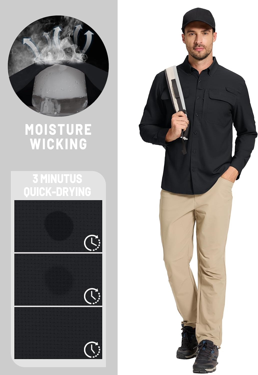 TACVASEN Men's Fishing Shirts Long Sleeve Sun Protection UPF50+ Quick Dry Button Down Shirts with Zipper Pockets