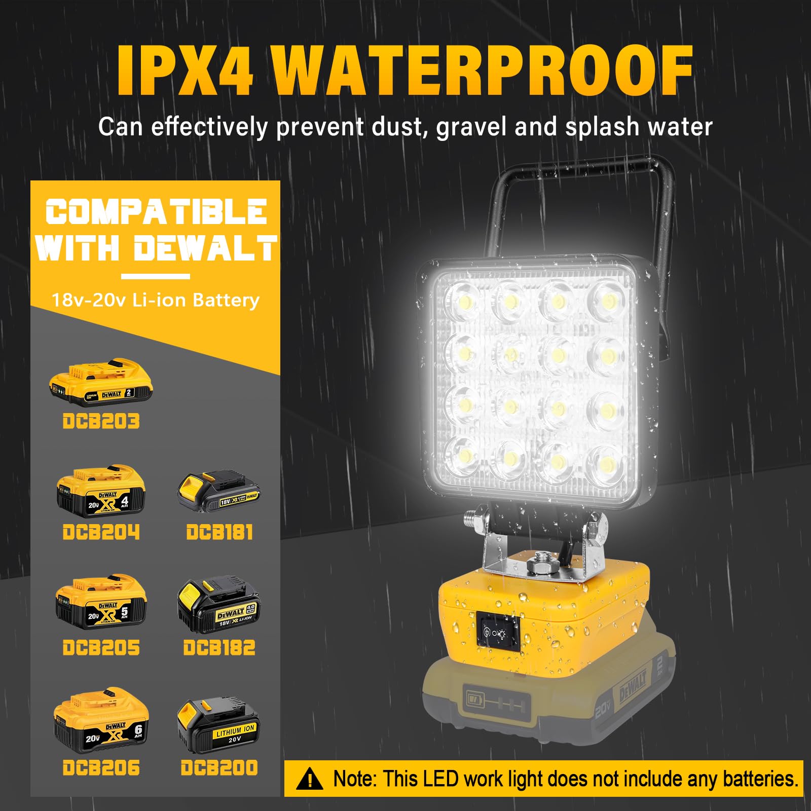 RIGIDON Lampa robocza LED bezprzewodowa 48W 4800lm, kompatybilna z Dewalt 18V/20V, 16 żarówek, 120° kąt wiązki światła, IPX4, -20°C do 60°C
