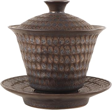 Stone Golden Collections -Ceramic Gaiwan Tea Cup with Lid and Saucer,Tea Bowl Set for Brew Kung Fu Tea