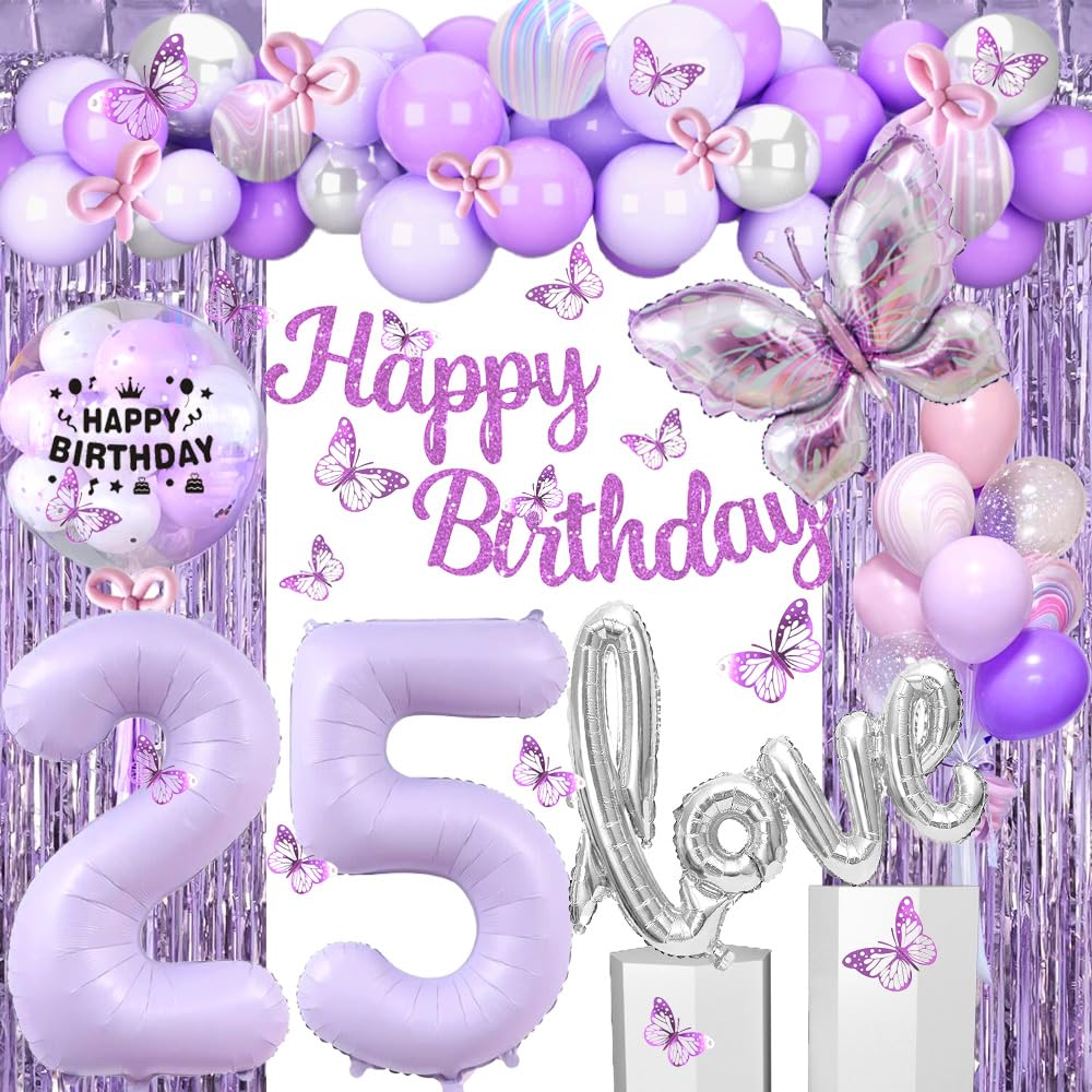 25th Purple Birthday Party Decorations, Butterfly Theme Purple Silver 25th Birthday Decorations, with Happy Birthday Banner, Love Balloons, Butterfly